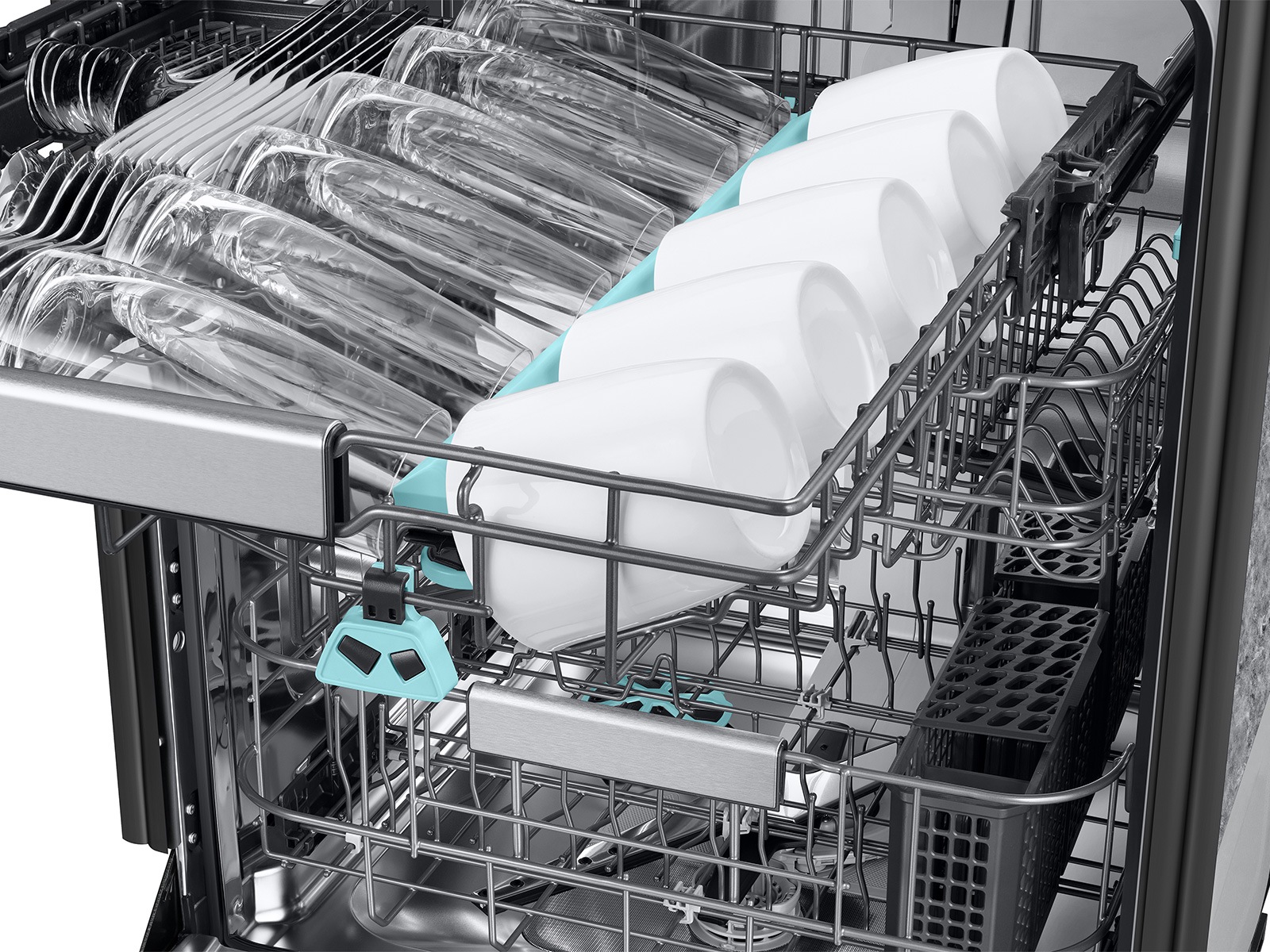 Interior of 38 dBA Bespoke AI Smart Dishwasher with 3rd Rack Washing System showing 3rd Rack