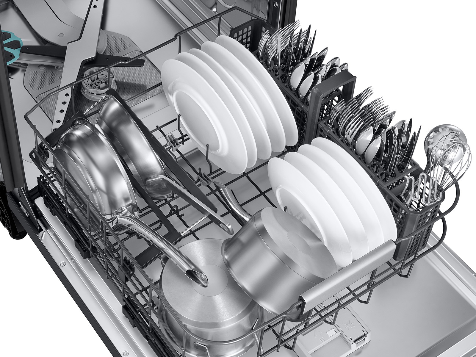 Interior of 38 dBA Bespoke AI Smart Dishwasher with 3rd Rack Washing System showing Lower Rack