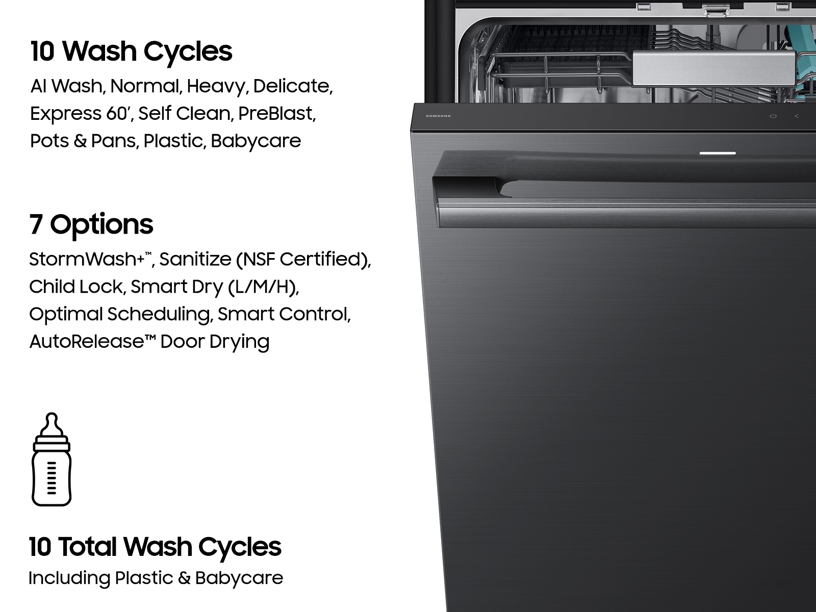 10 Wash Cycle Options for  38 dBA Bespoke AI Smart Dishwasher with 3rd Rack Washing System
