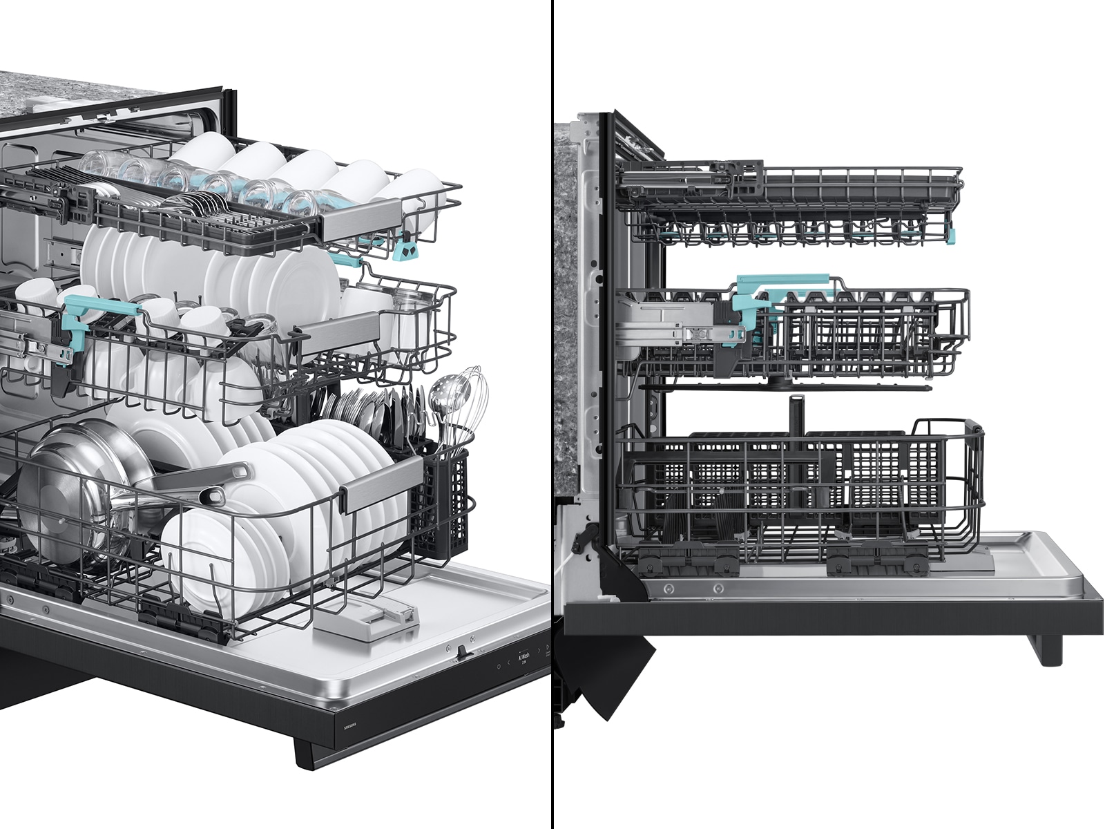 Side views of  38 dBA Bespoke AI Smart Dishwasher with 3rd Rack Washing System with dishes and without