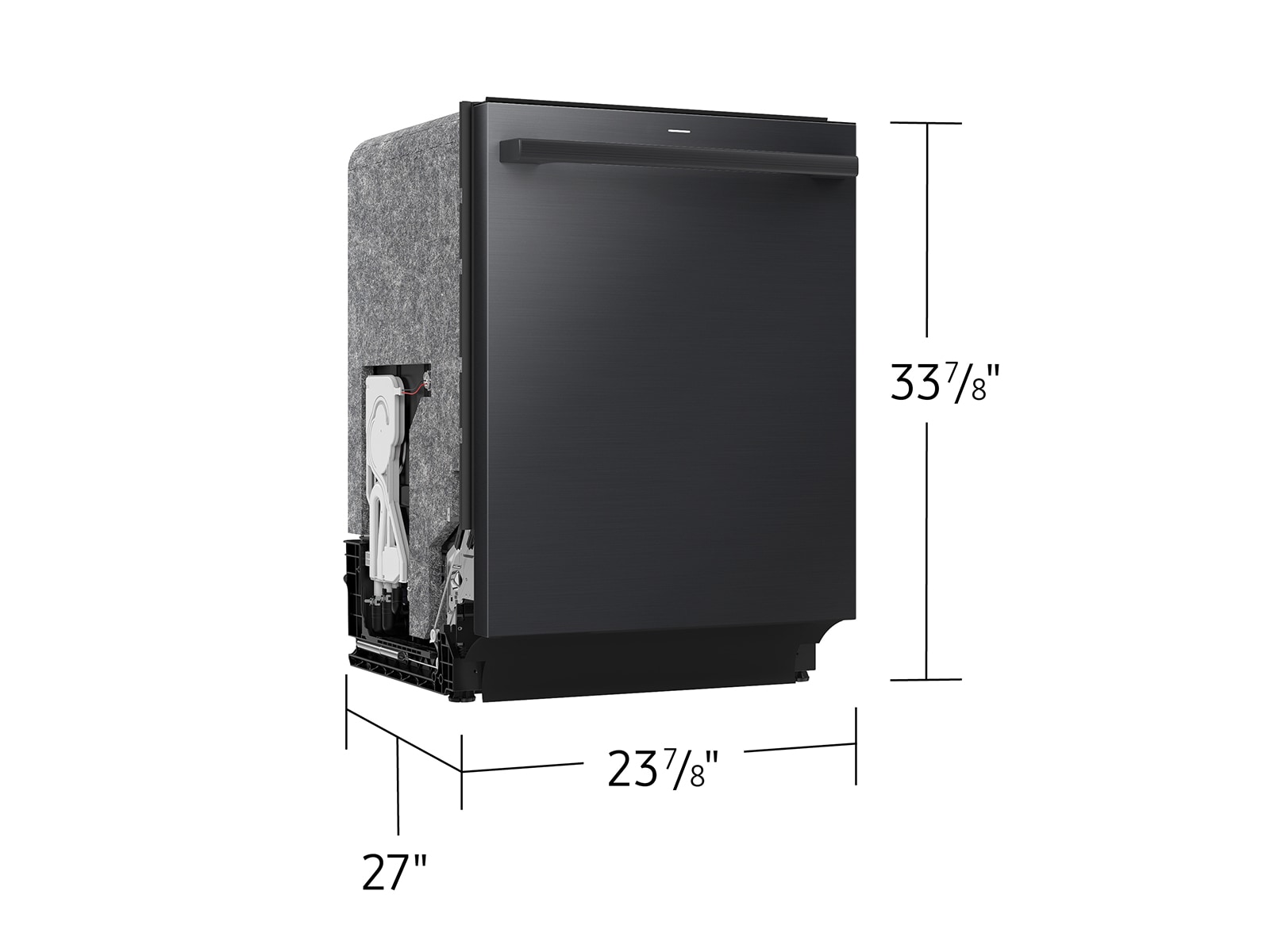 Product dimensions for 38 dBA Bespoke AI Smart Dishwasher with 3rd Rack Washing System showing Lower Rack