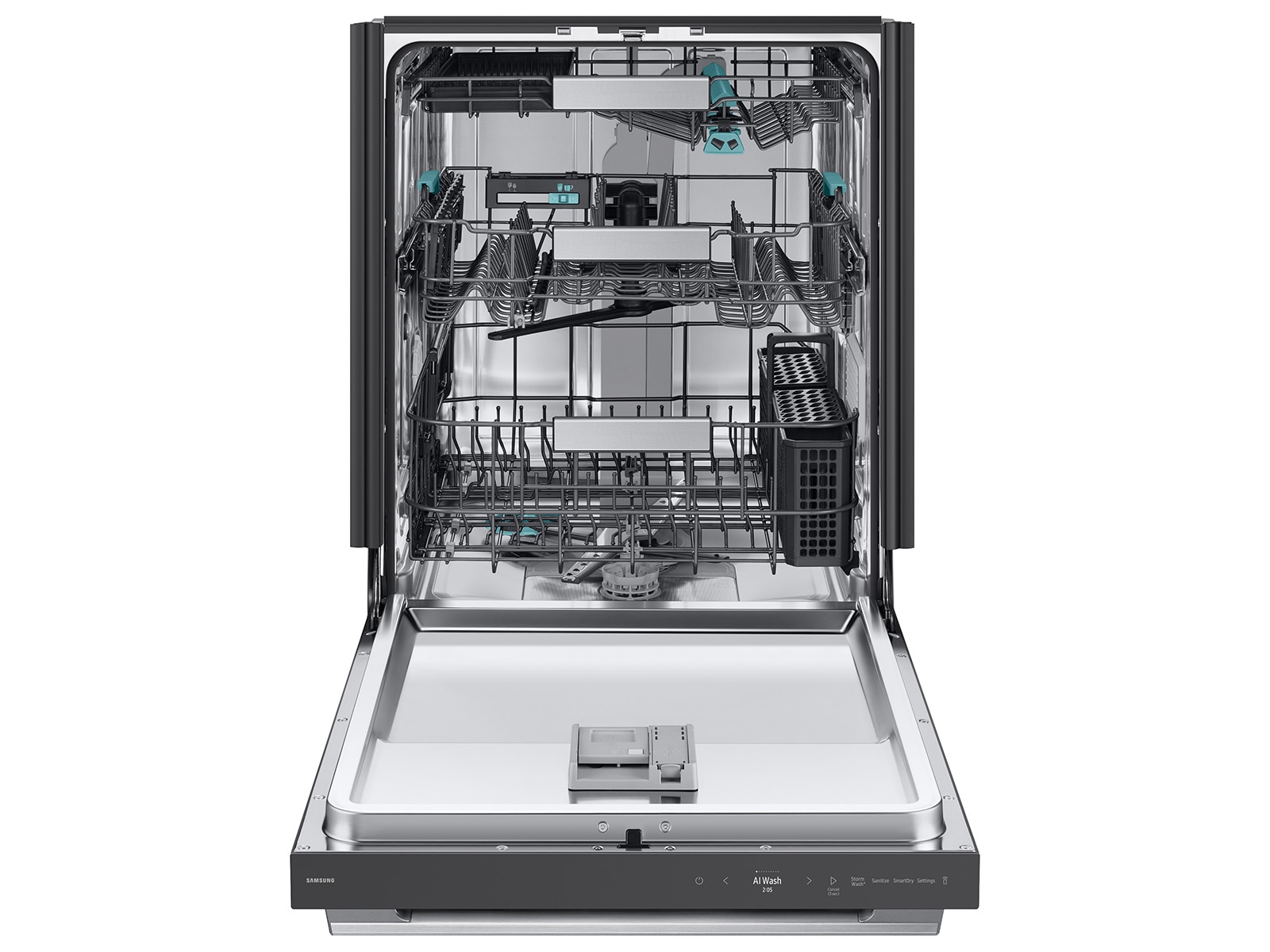 Front view with Door Open of 38 dBA Bespoke AI Smart Dishwasher with 3rd Rack Washing System
