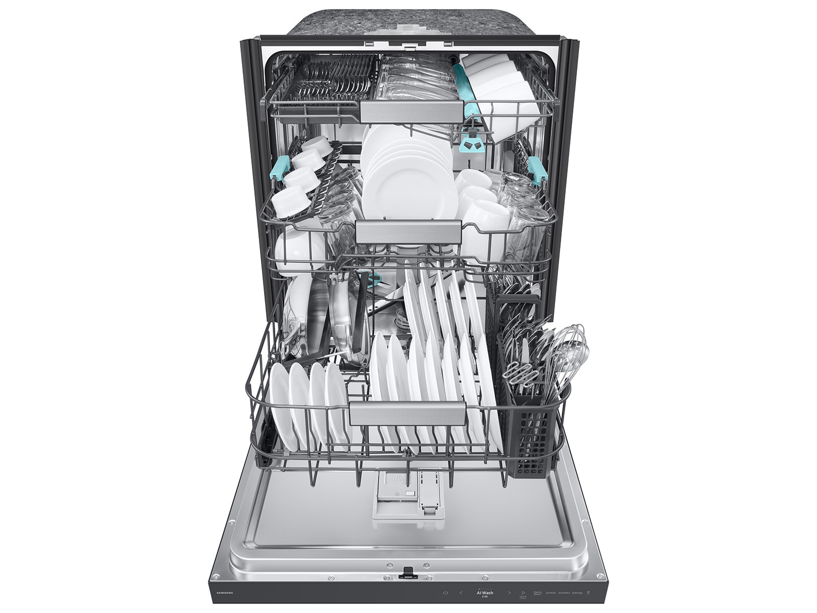 Front view with Door Open loaded with 38 dBA Bespoke AI Smart Dishwasher with 3rd Rack Washing System