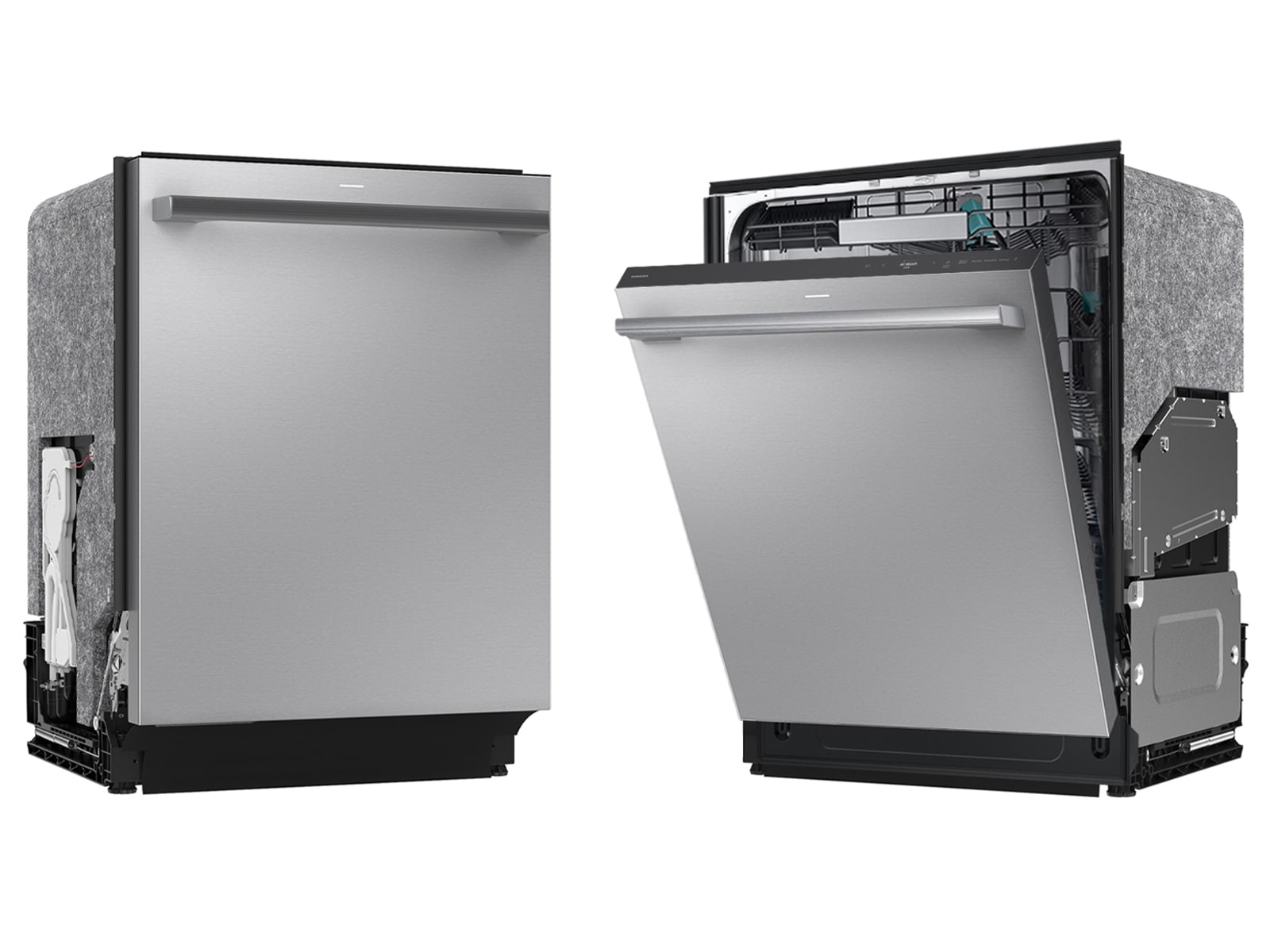 Side angle views of 38 dBA Bespoke AI Smart Dishwasher with 3rd Rack Washing System