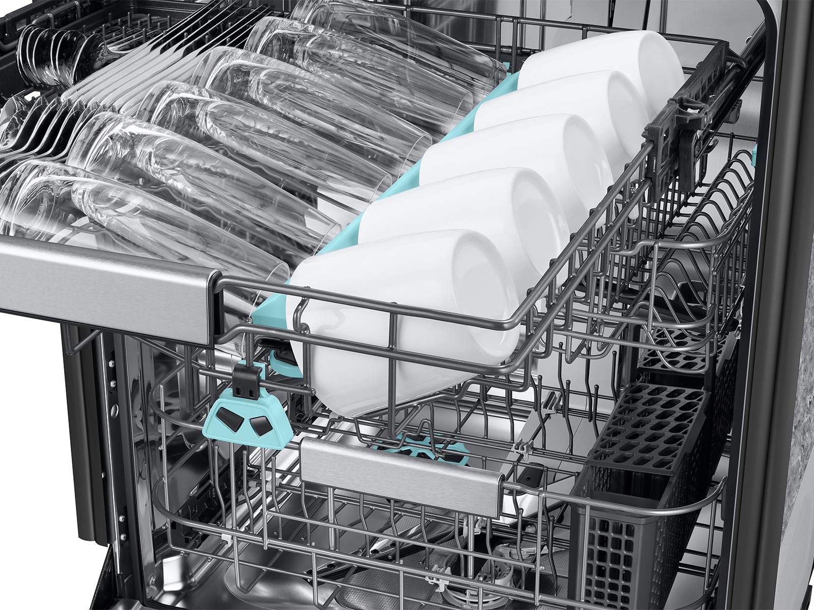 Interior of 38 dBA Bespoke AI Smart Dishwasher with 3rd Rack Washing System showing 3rd Rack