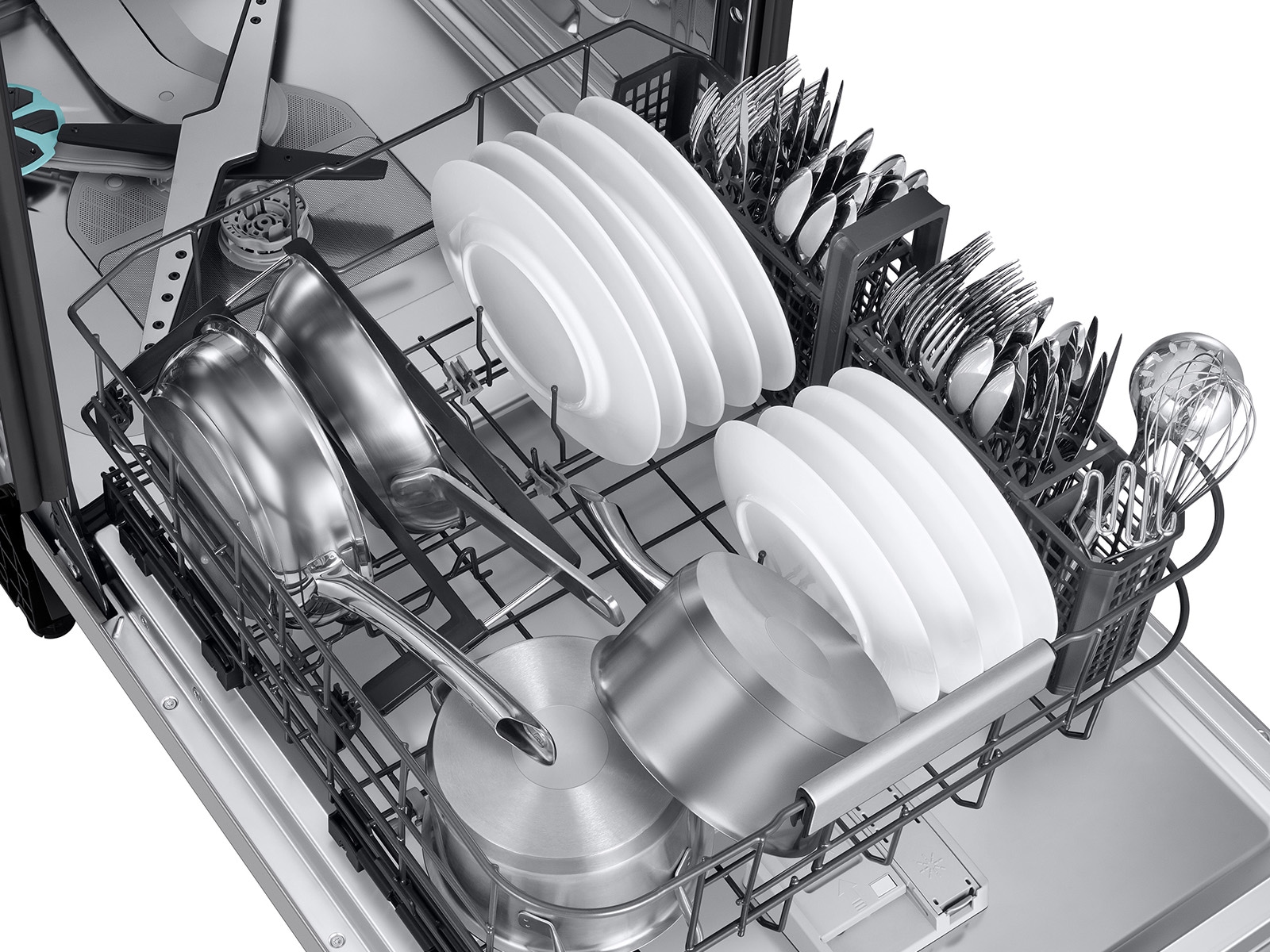 Interior of 38 dBA Bespoke AI Smart Dishwasher with 3rd Rack Washing System showing Lower Rack