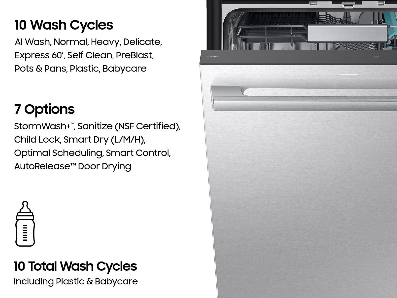 10 Wash Cycle Options for  38 dBA Bespoke AI Smart Dishwasher with 3rd Rack Washing System