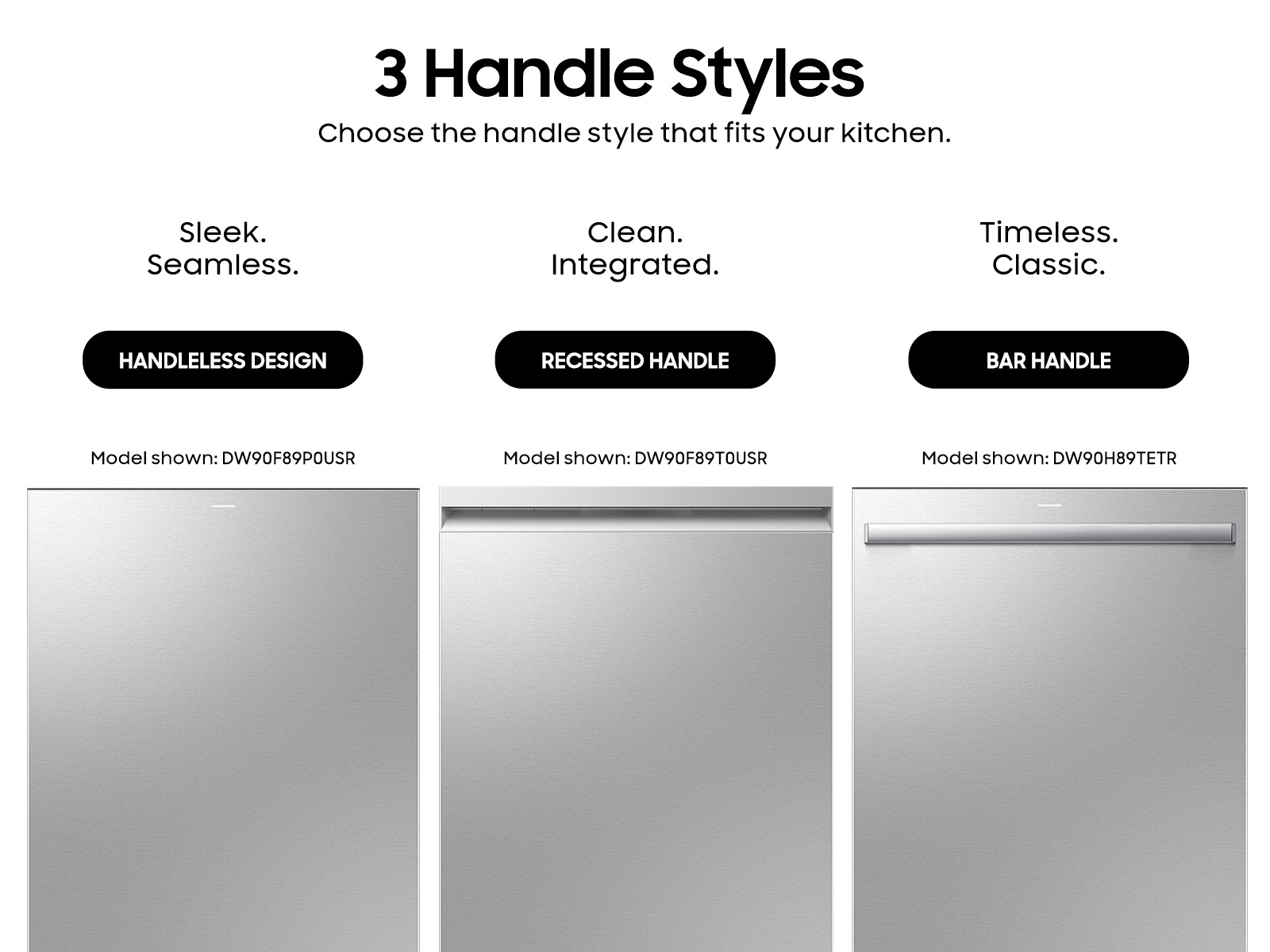 3 Handle Options available on DW90 series dishwashers