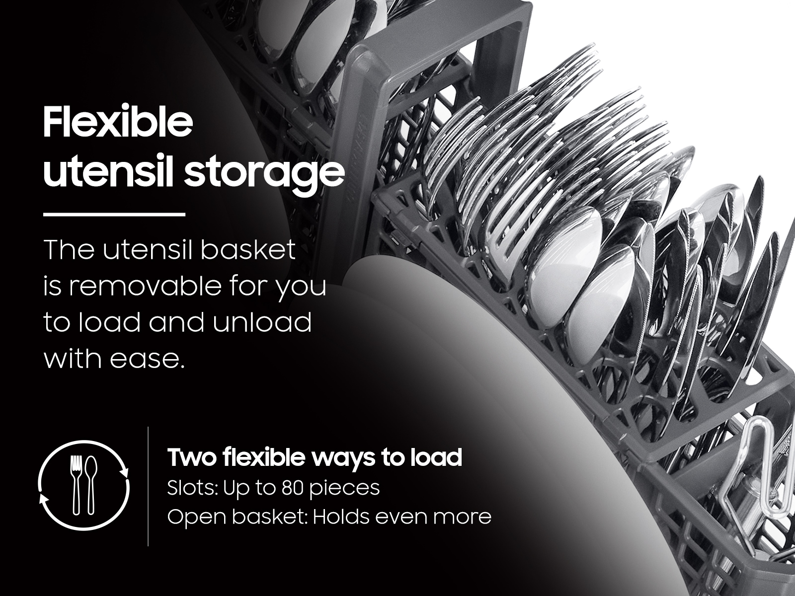 Utensil storage on  38 dBA Bespoke AI Smart Dishwasher with 3rd Rack Washing System