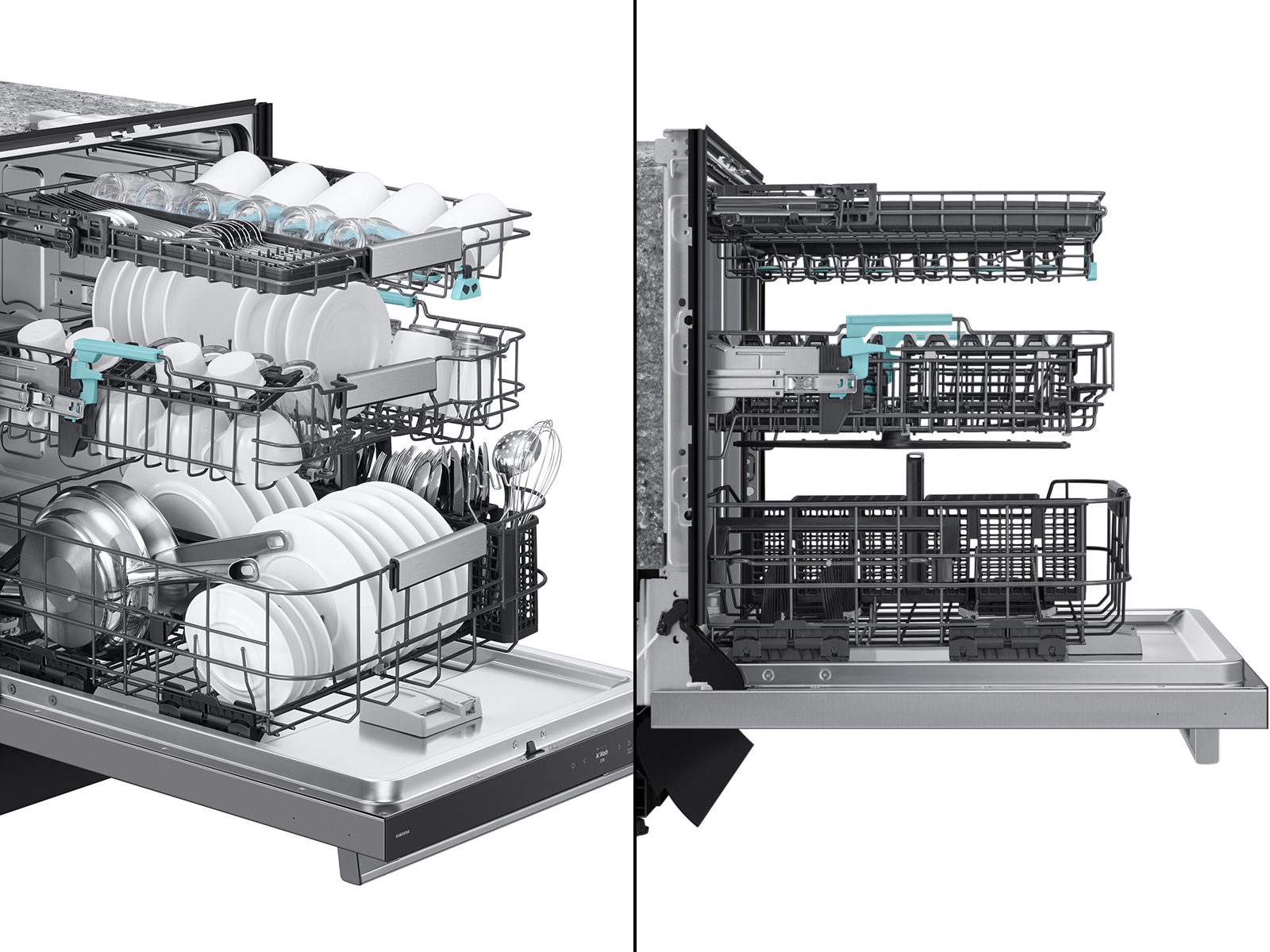 Side views of  38 dBA Bespoke AI Smart Dishwasher with 3rd Rack Washing System with dishes and without