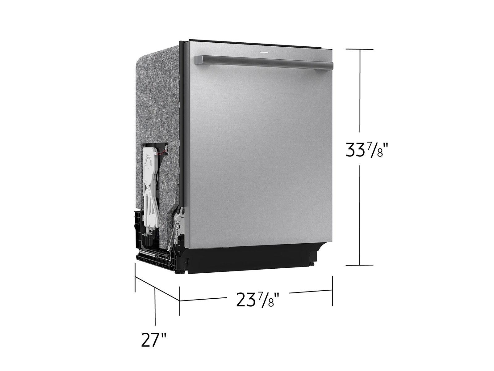 Product dimensions for 38 dBA Bespoke AI Smart Dishwasher with 3rd Rack Washing System showing Lower Rack