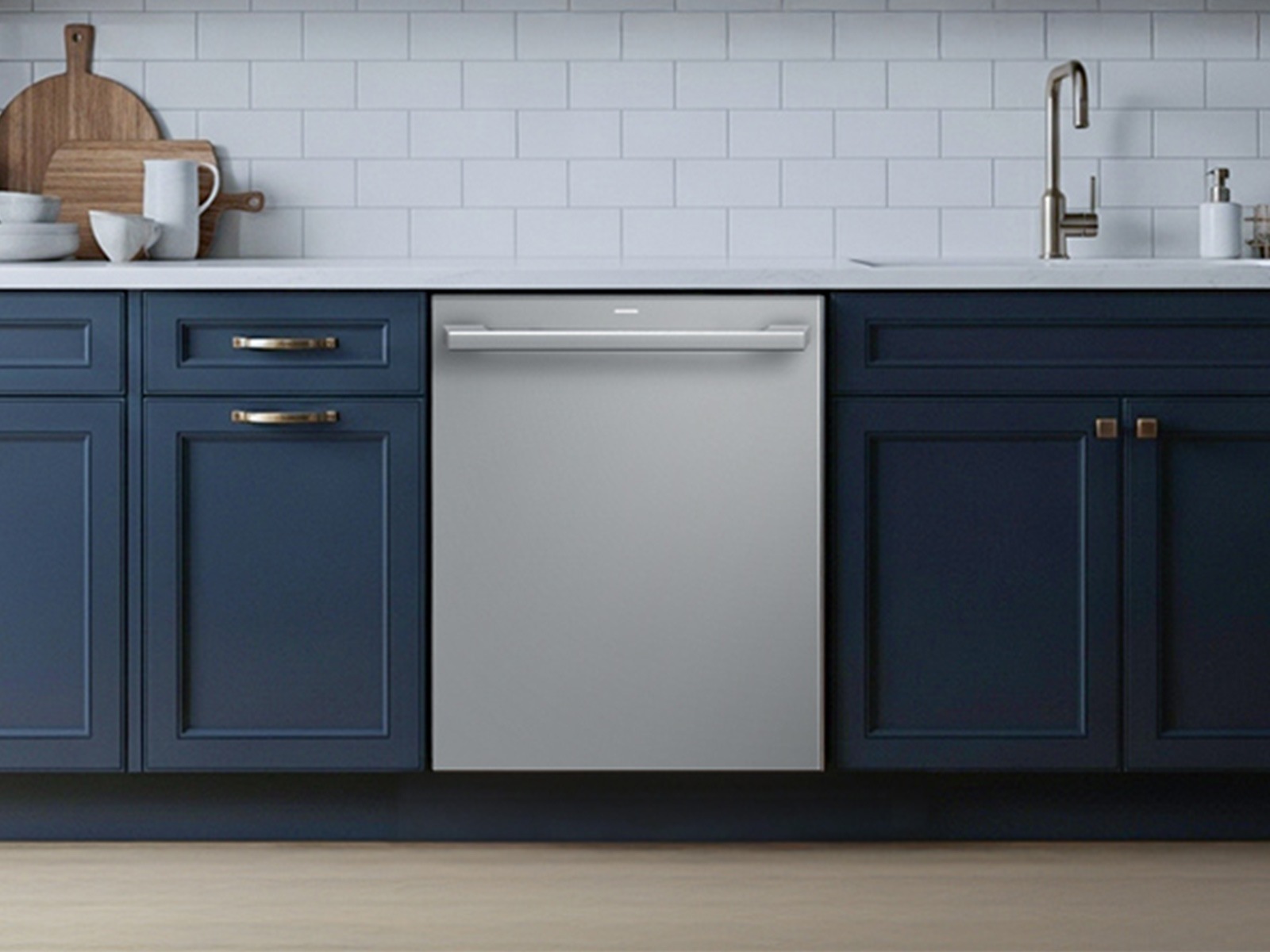 Kitchen lifestyle of 38 dBA Bespoke AI Smart Dishwasher with 3rd Rack Washing System