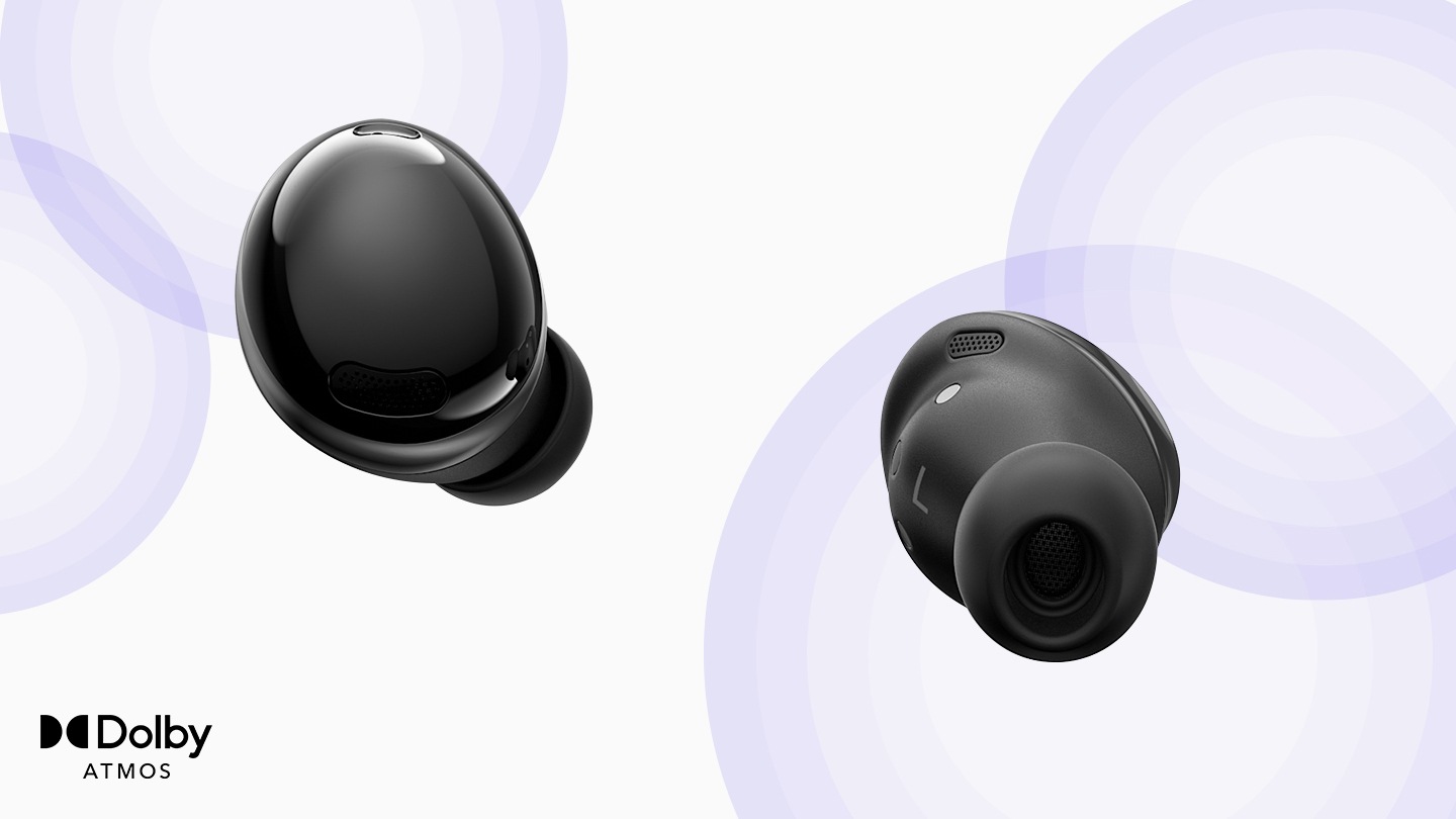 Écouteurs Galaxy Buds Pro en Phantom Black, flottant avec des bulles autour d'eux pour démontrer le son tridimensionnel fourni par 360 Audio.