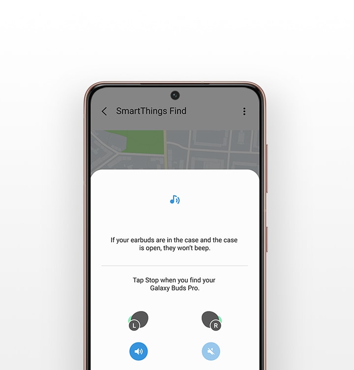 Smartphone Galaxy affichant l'interface utilisateur SmartThings Find à l'écran afin que l'utilisateur puisse trouver ses Galaxy Buds Pro.
