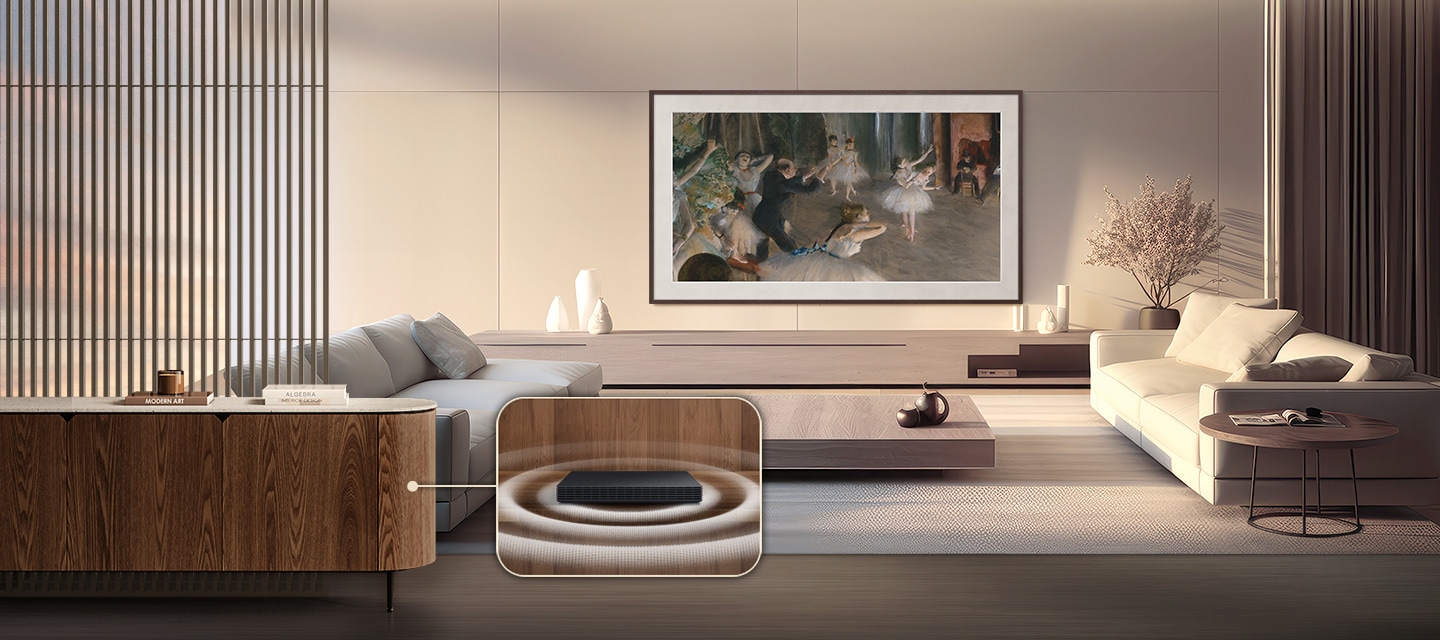 An illustration showing how the Frame Pro's modern design can use Wireless One connect to have a wireless experience.
