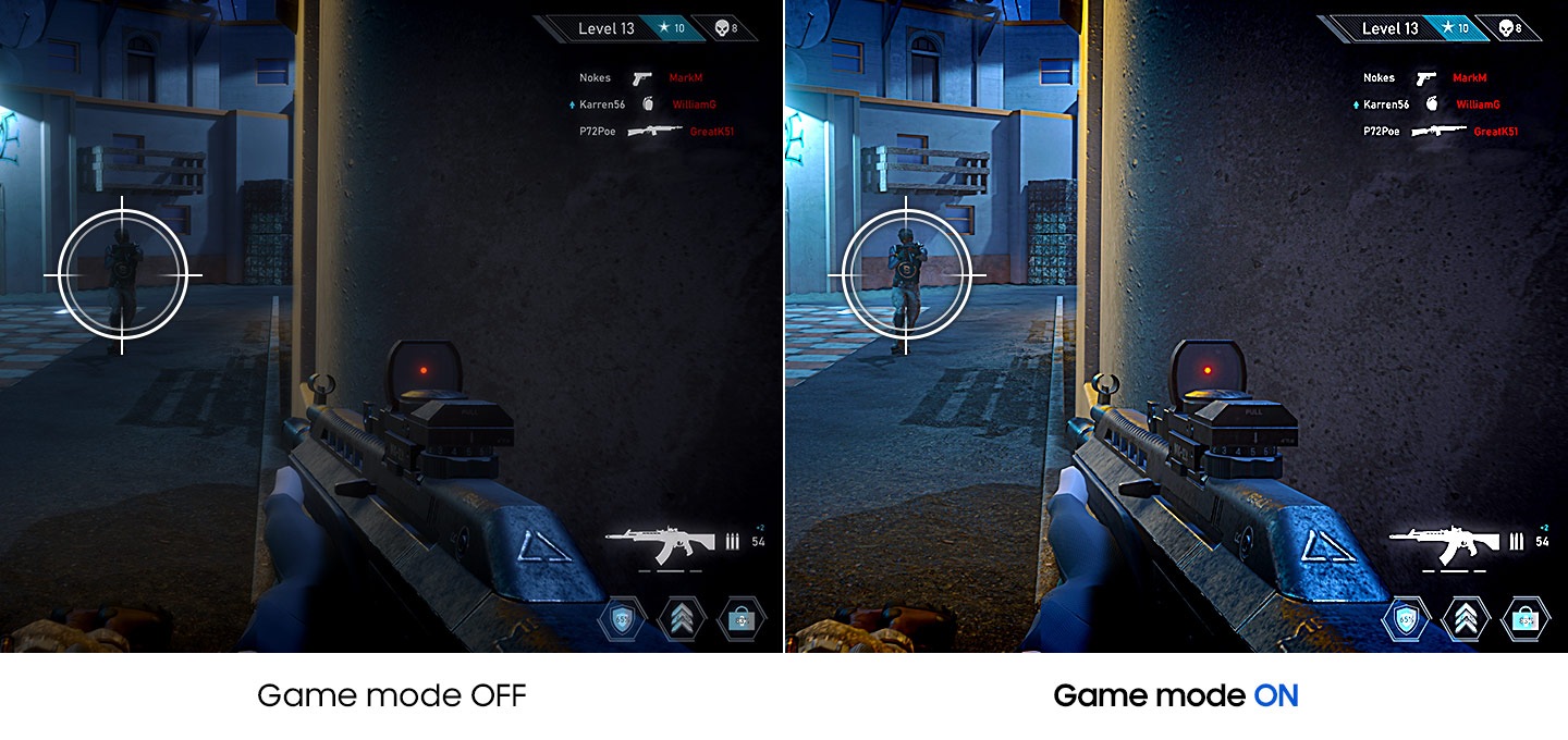 The same game screen is being compared from side to side. While the image on the left with Game Mode off is dark and the opposite enemy is hard to be found, the enemy can be found easily in the image on the right with Game Mode on.