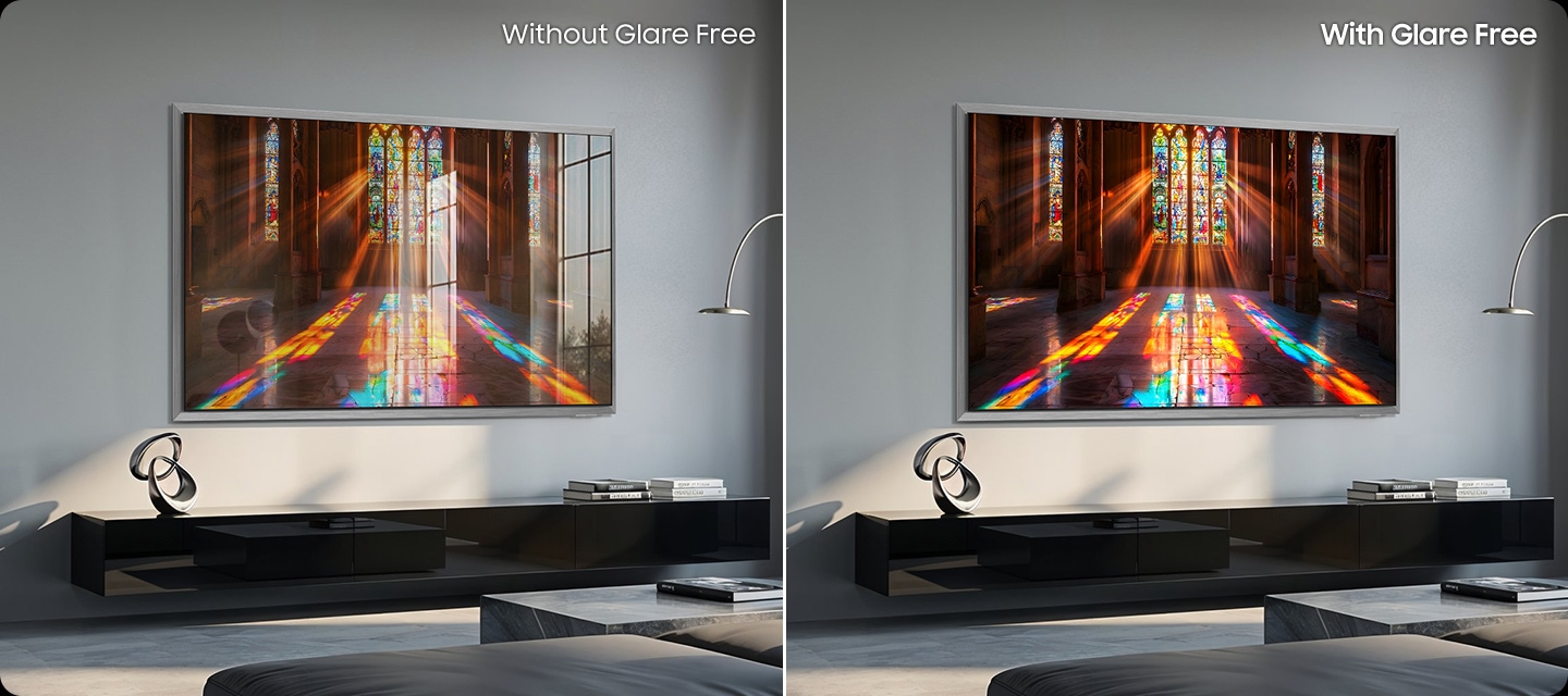 A with- and without- shot of the Samsung OLED S95H Smart TV's glare-free HDR functionality.