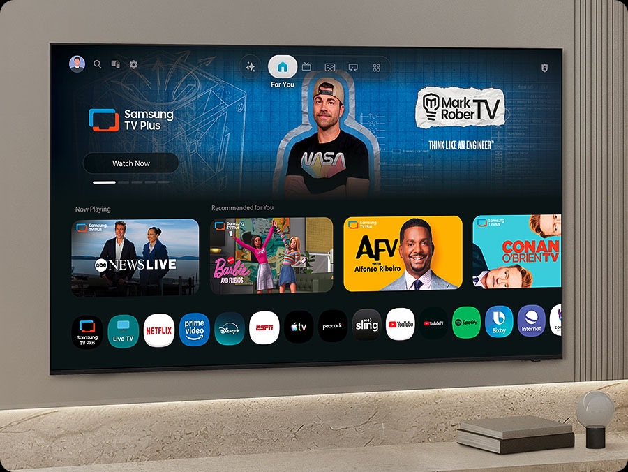 A shot of the Samsung Micro RGB R95H TV showing all of the channels and content available through the Samsung TV Plus service.