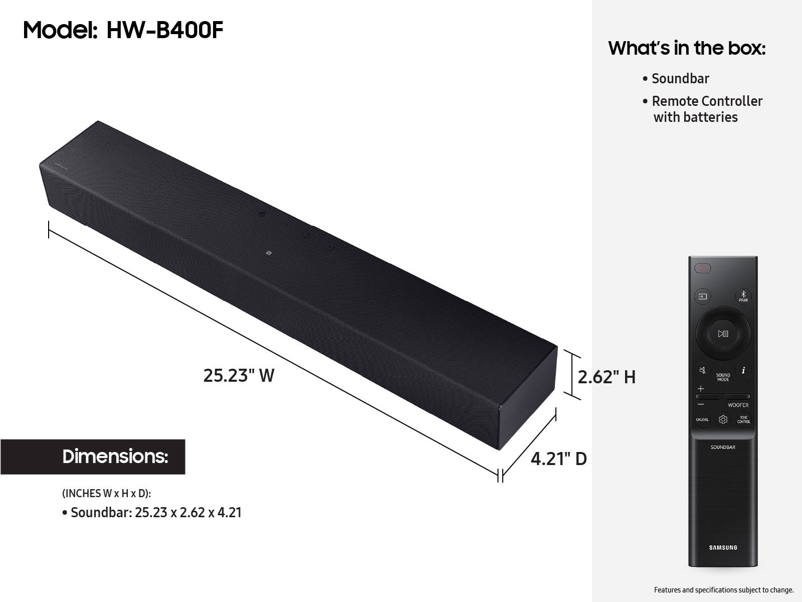 B-Series Bluetooth Soundbar with 2.1ch Subwoofer (B400F) - Dimensions &amp; What's in the Box