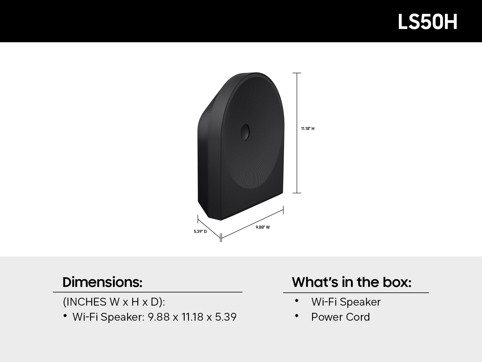 A diagram of the dimension and what comes in the box of the Samsung Music Studio LS50H.