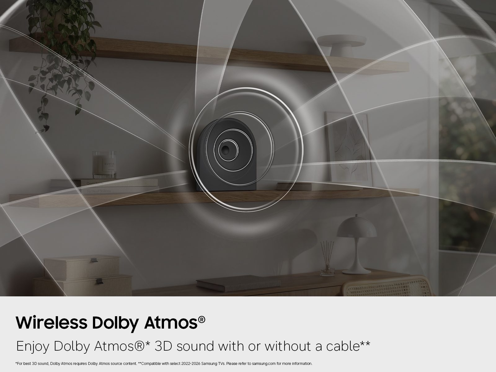 An illustration showing how Wireless Dolby Atmos sound works on the Samsung Music Studio LS50H.