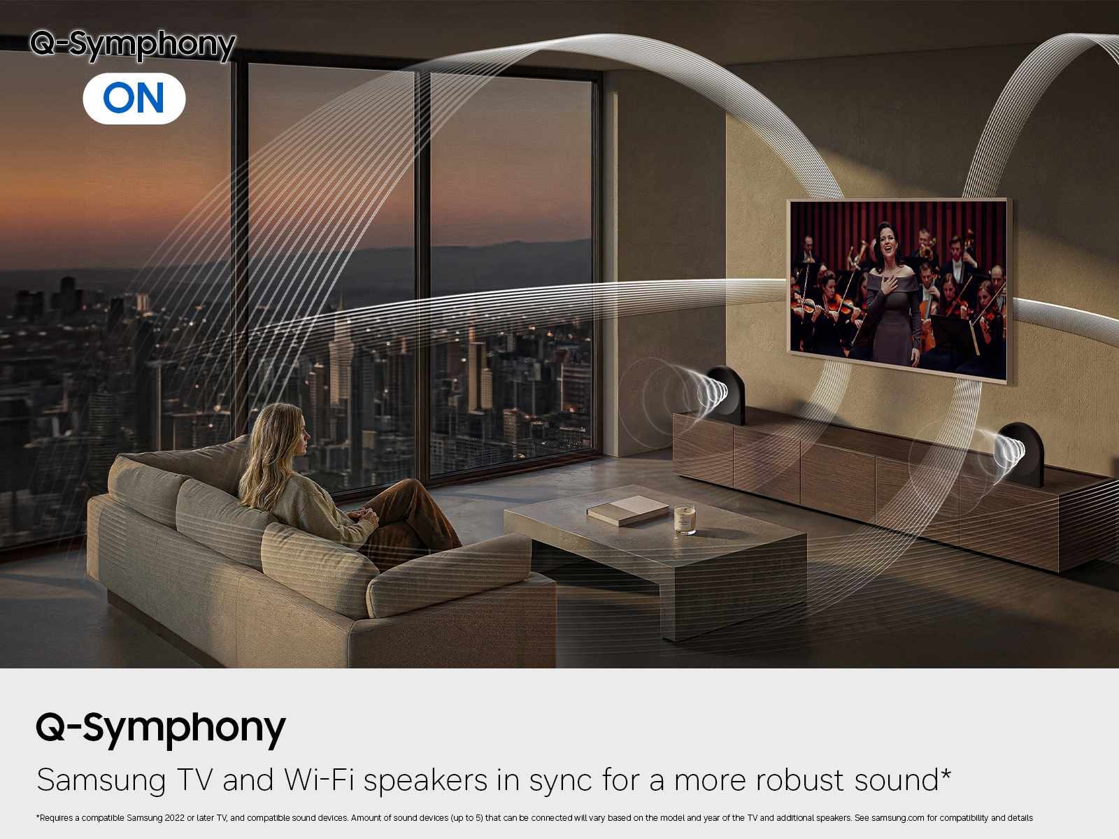 An illustration showing how Q-Symphony on a Music Studio LS50H can work with a Samsung TV for room expanding sound.