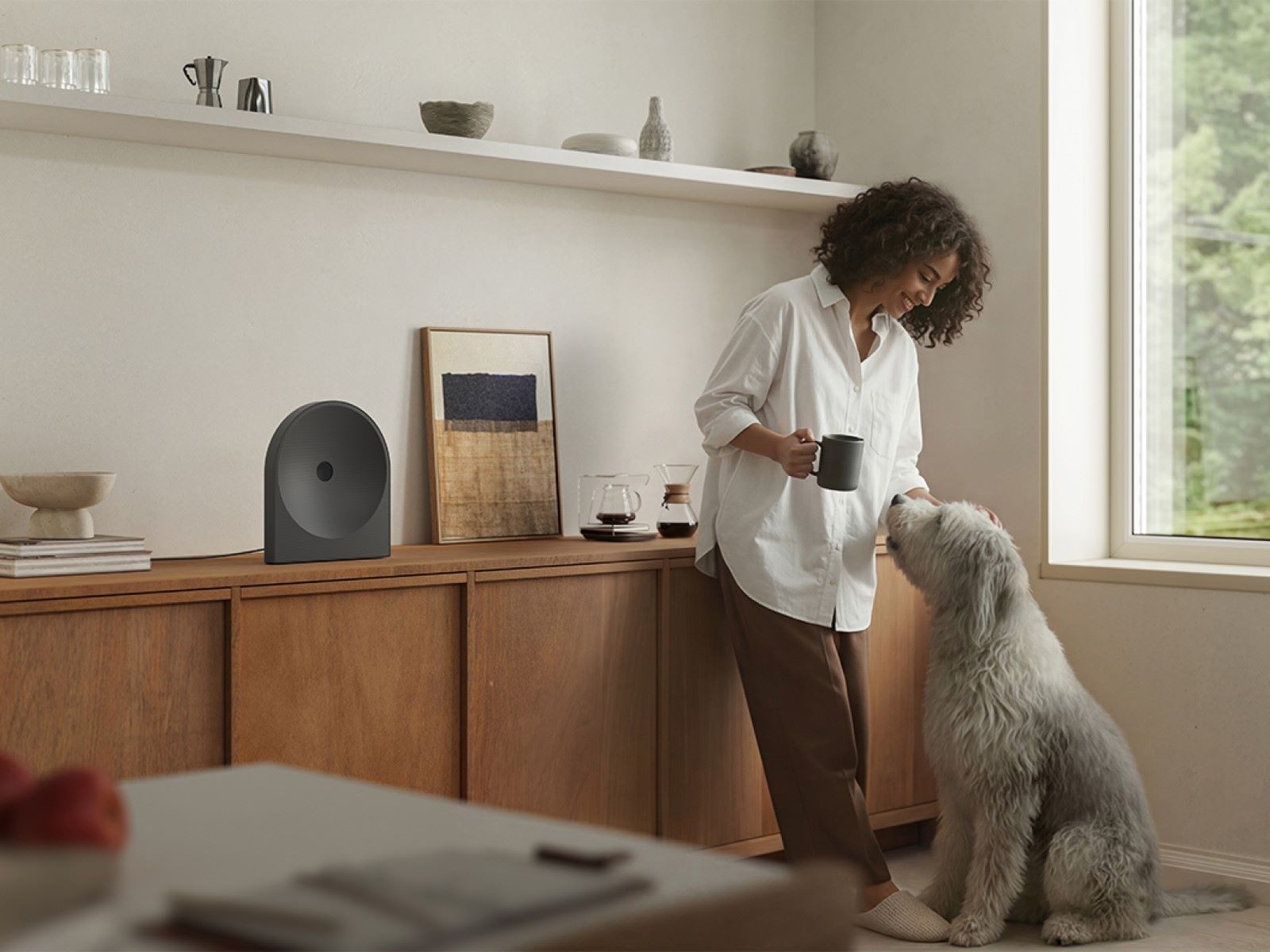 A lifestyle shot of a woman petting her dog in a room with a Music Studio LS50H speaker.