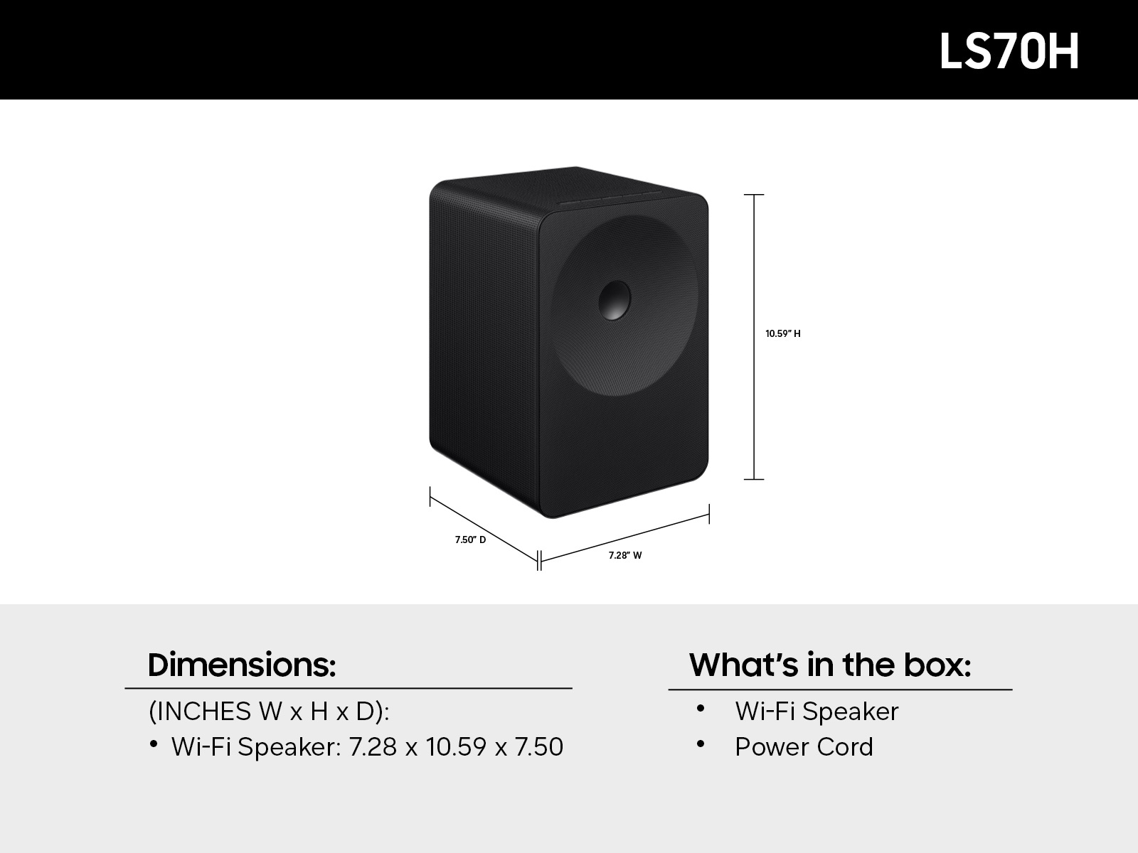 A diagram of the dimension and what comes in the box of the Samsung Music Studio LS70H.