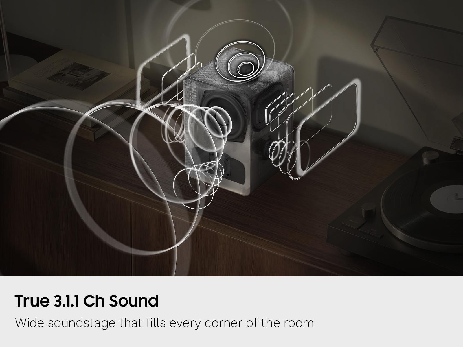 An illustration of 3.11 Channel sound working on the Samsung Music Studio LS70H.