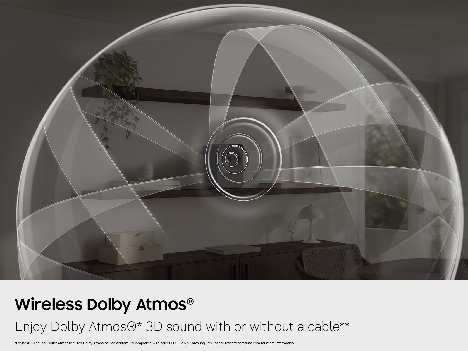 An illustration showing how Wireless Dolby Atmos sound works on the Samsung Music Studio LS70H.
