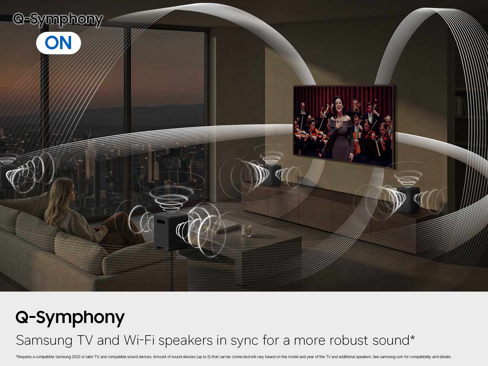 An illustration showing how Q-Symphony on a Music Studio LS70H can work with a Samsung TV for room expanding sound.