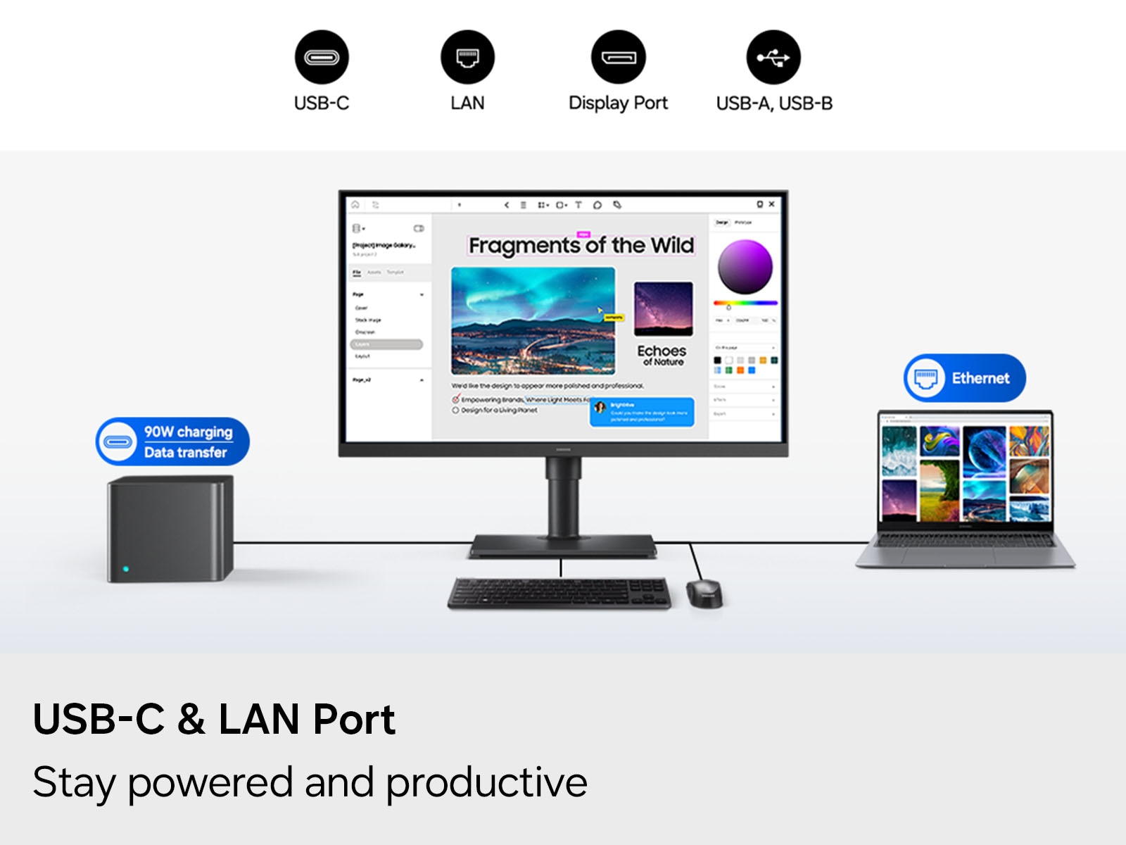 A diagram showing the USB-C and LAN ports on the ViewFinity S8 S80HF monitor.