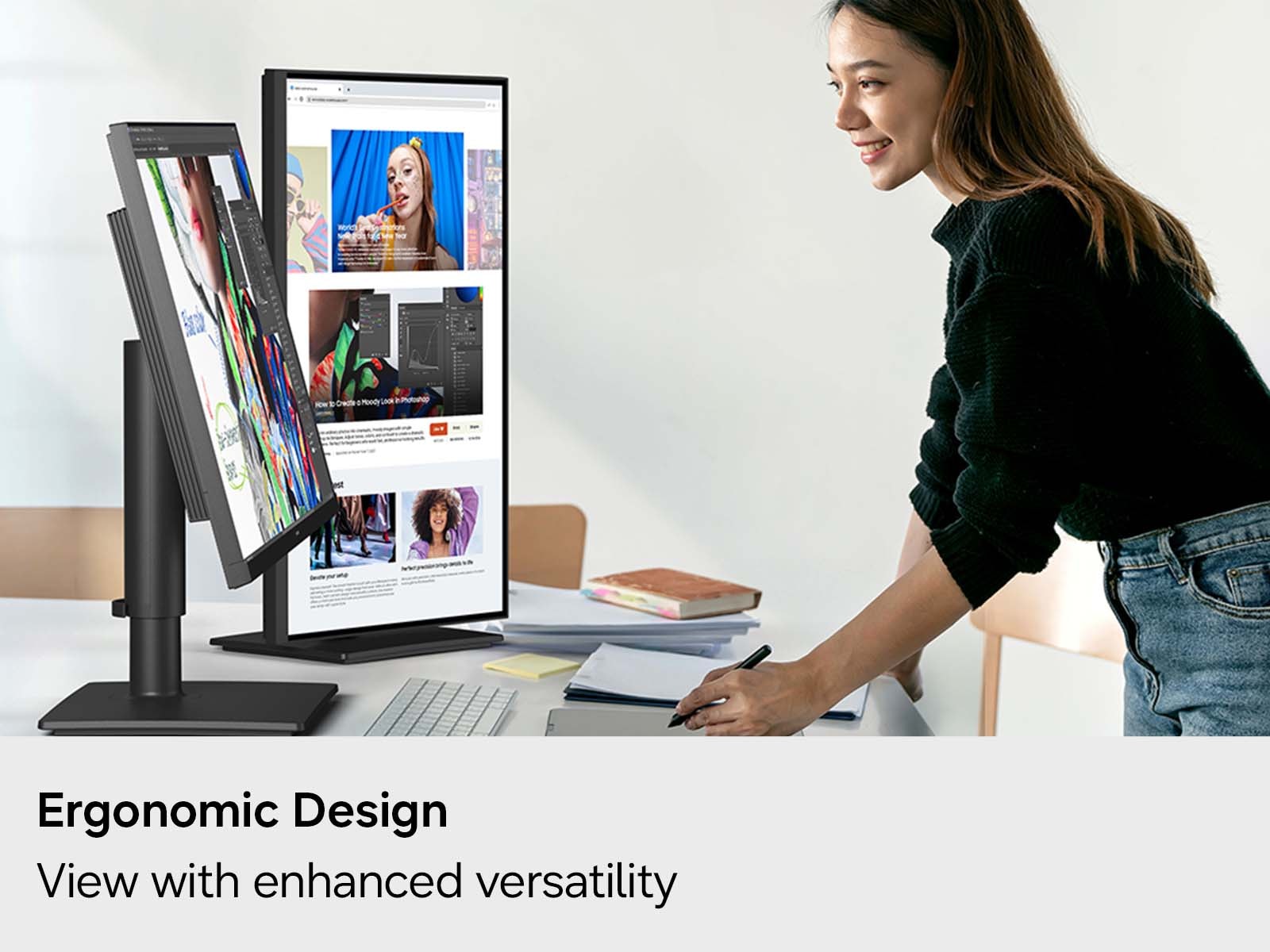 A woman at a standing desk uses the Samsung ViewFinity S8 S80HF monitor.