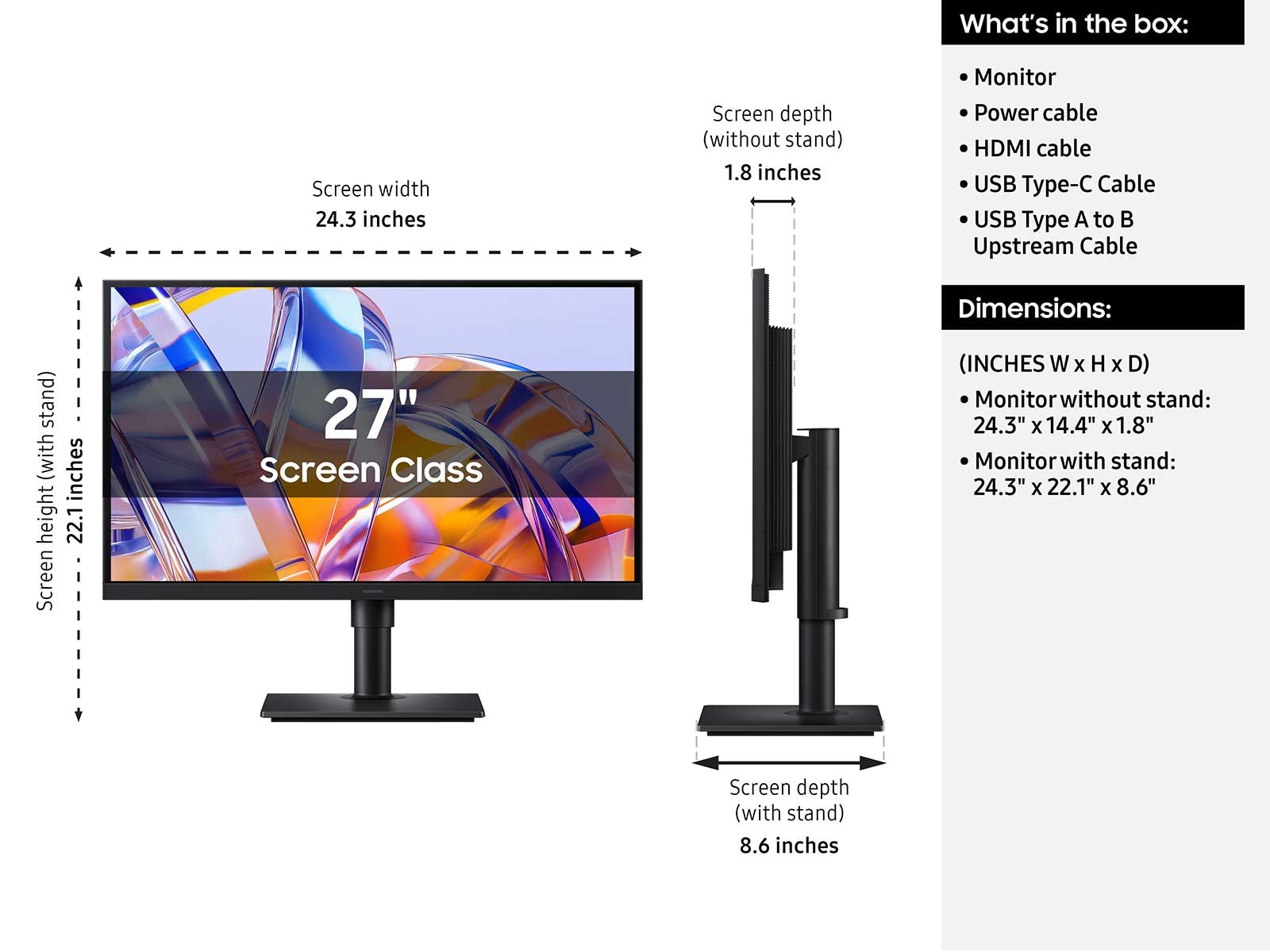 A side view and list of specs for the 27 Inch Samsung ViewFinity S8 S80UH Monitor