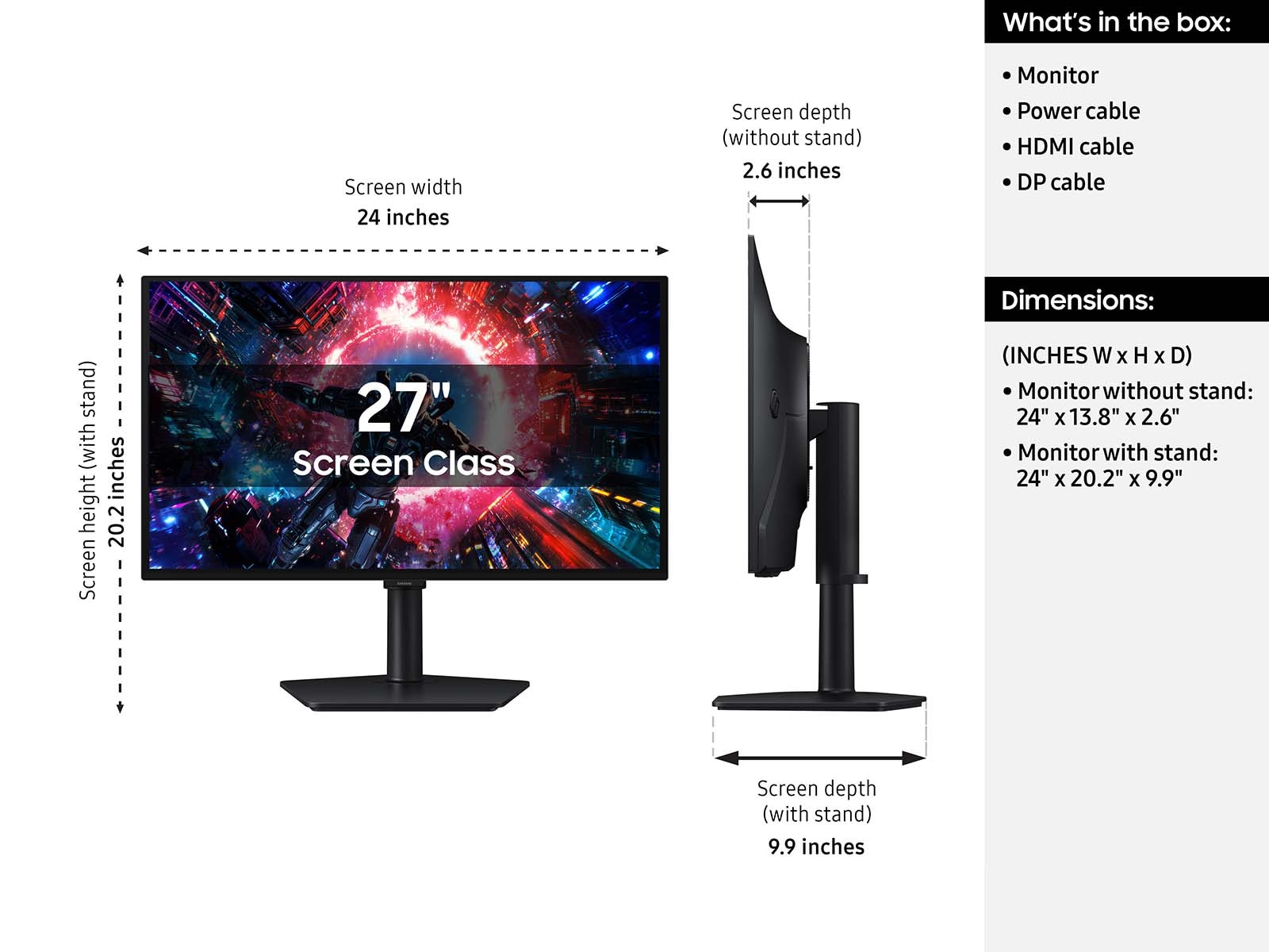 A diagram of the dimensions of the Odyssey OLED G7 G70SH gaming monitor, including what’s in the box.
