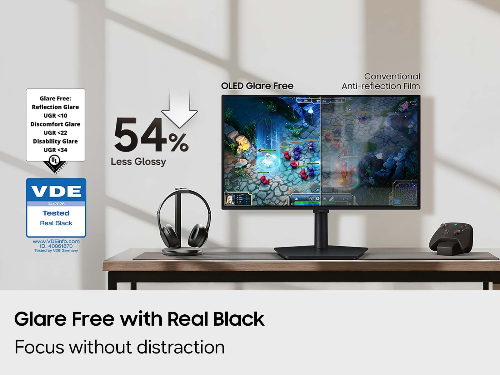 A comparison image showing the glare reduction of OLED Glare Free technology compared to conventional anti-reflection film.
