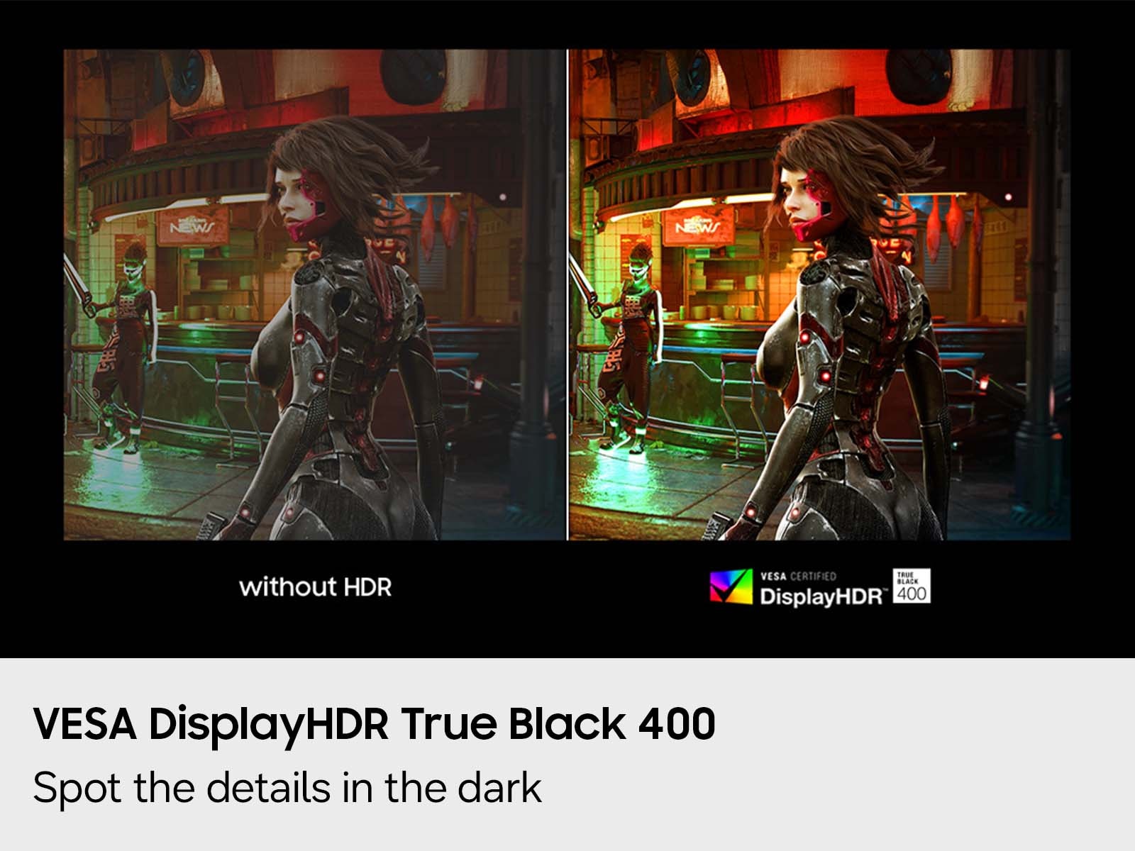 A cyberpunk videogame heroine, used to show the difference between a washed-out visual on a normal monitor compared to one using VESA-certified DisplayHDR technology.