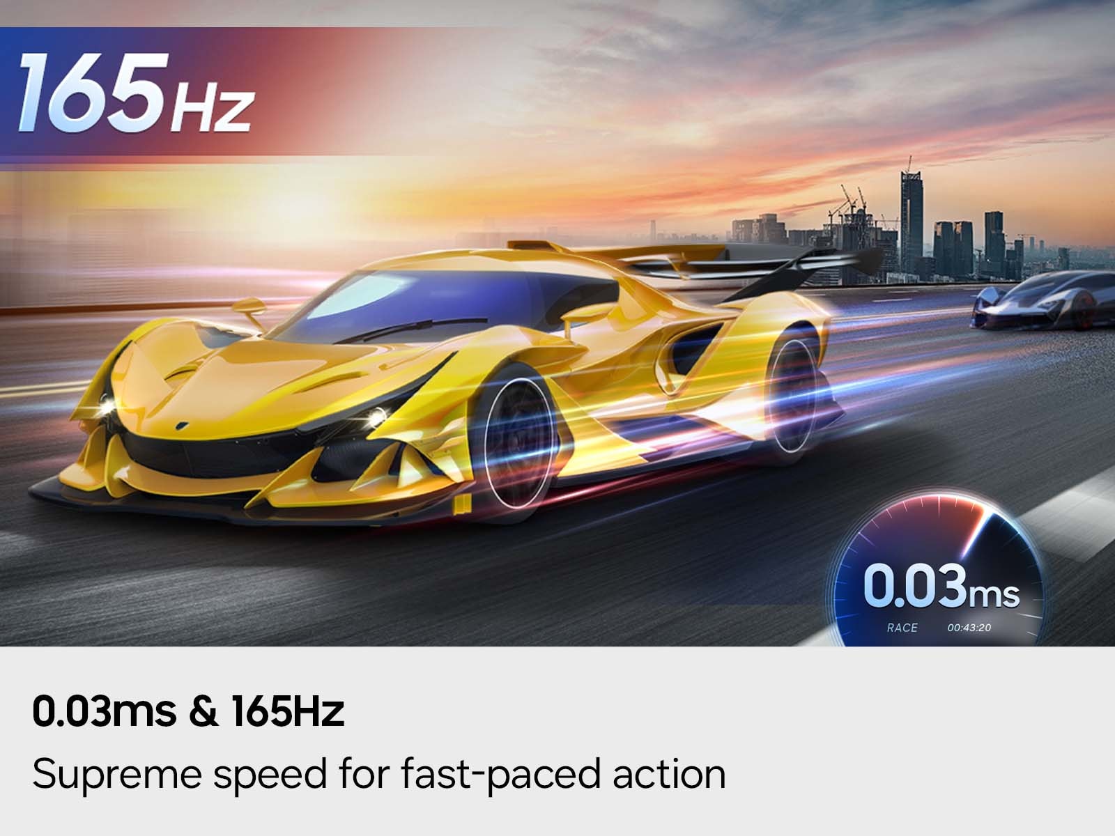 A shot of a yellow Lamborghini being raced through a cityscape, used to demonstrate a 165Hz refresh rate.