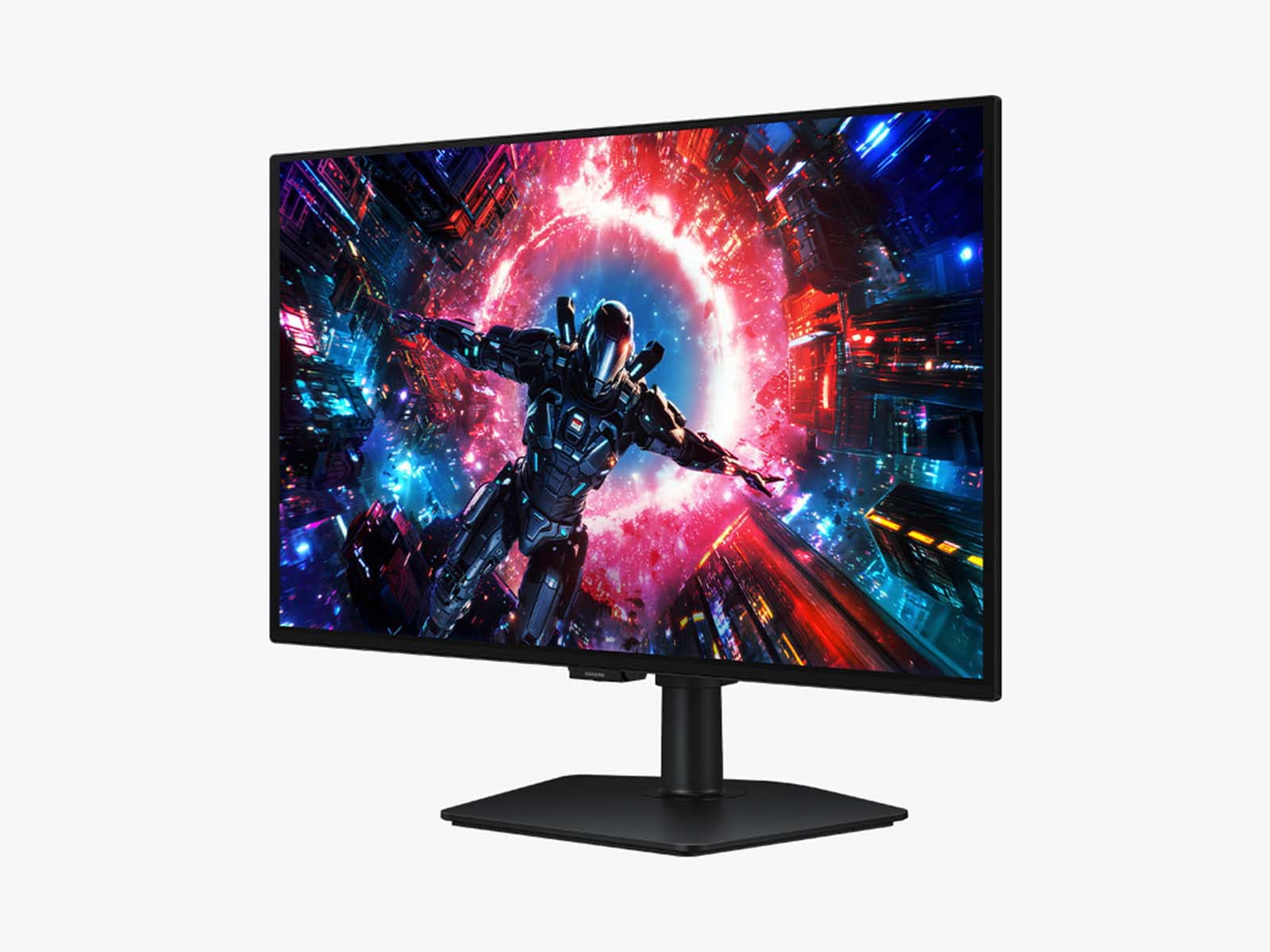 A three-quarters view product shot of the Odyssey OLED G7 G70SH gaming monitor