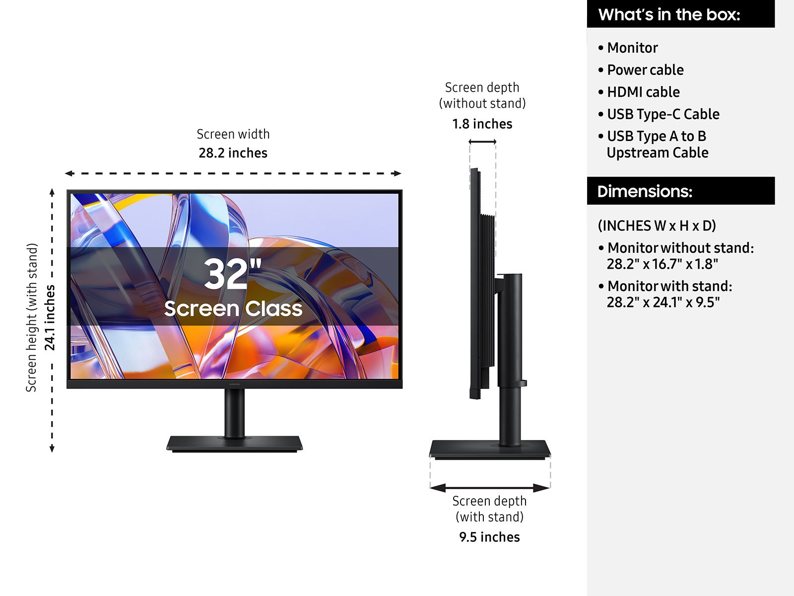 A side view and list of specs for the 32 Inch Samsung ViewFinity S8 S80UH Monitor