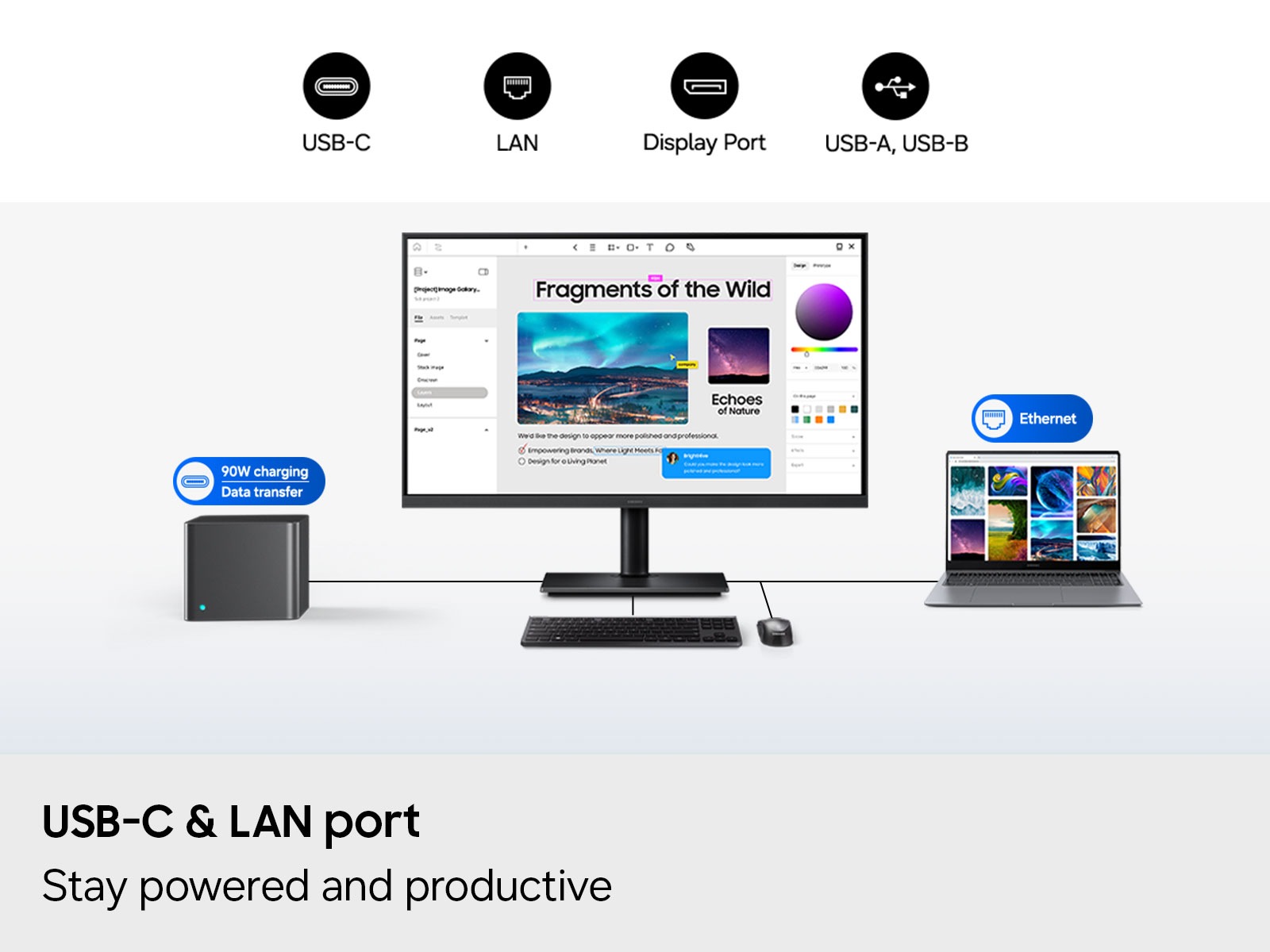 A diagram showing the USB-C and LAN ports on the ViewFinity S8 S80UH monitor.