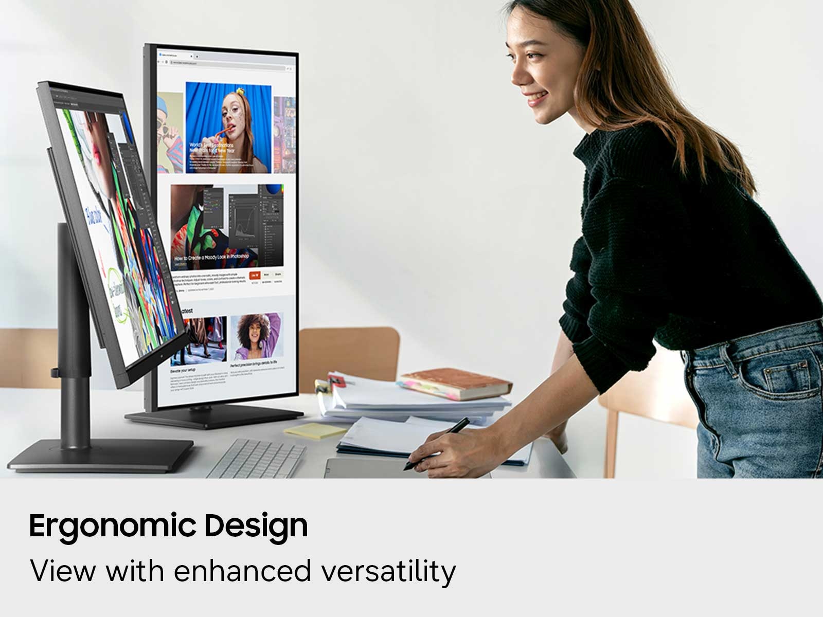 A woman at a standing desk uses the Samsung ViewFinity S8 S80UH monitor.