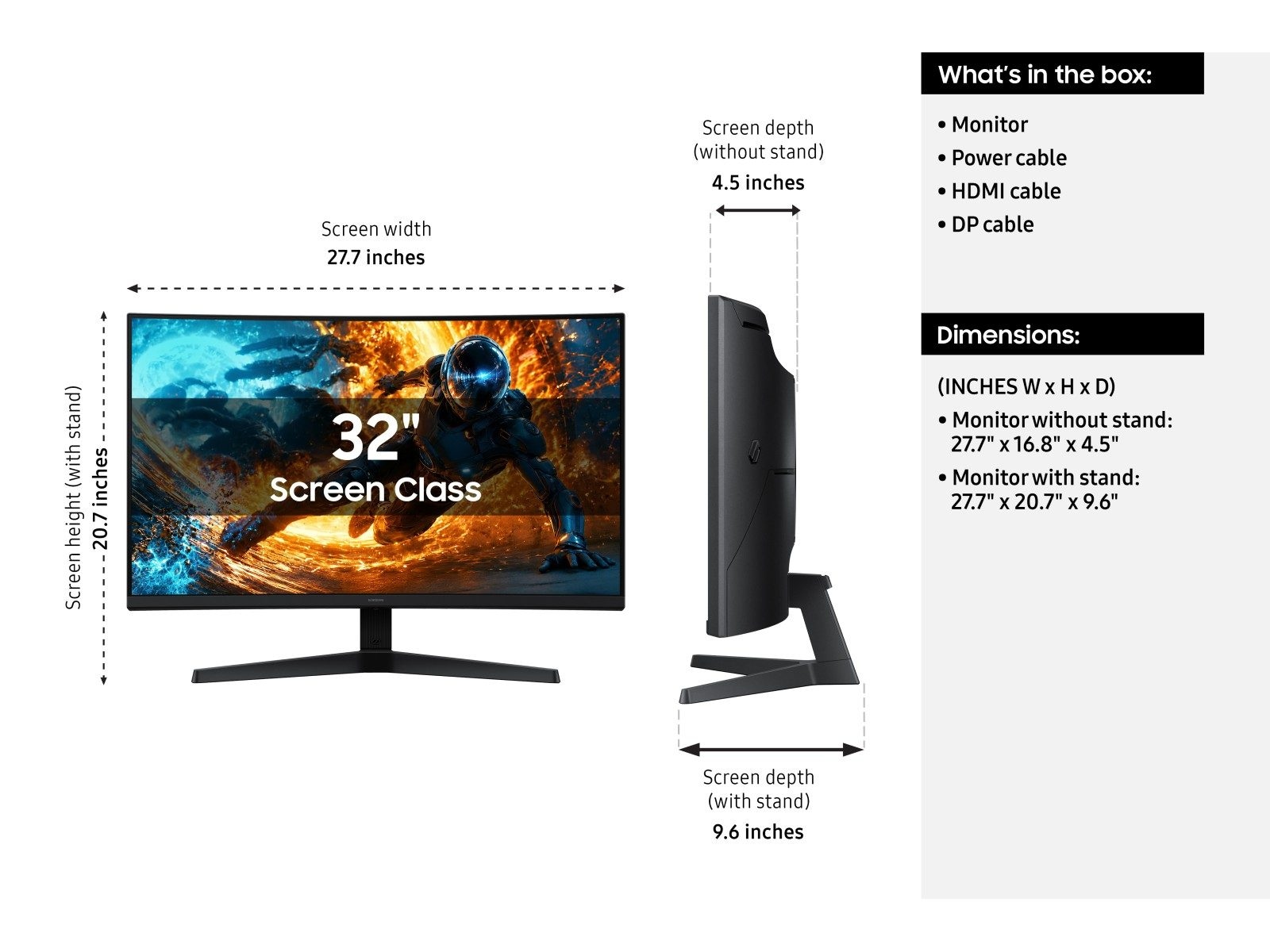 A diagram representing the specs and what's in the box of the Odyssey G5 G55H QHD 180Hz Curved Gaming Monitor.
