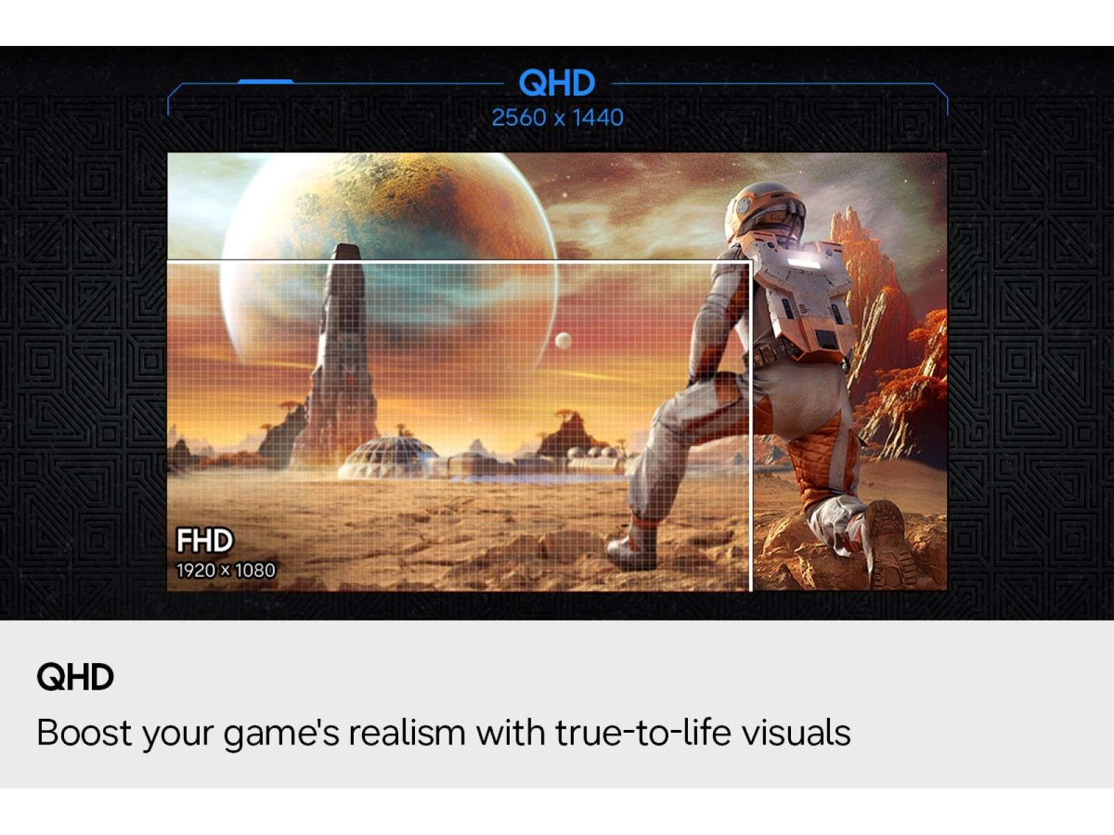 A science-fiction landscape used to demonstrate the increased pixel density of QHD on the Odyssey G5 G55H QHD 180Hz Curved Gaming Monitor.