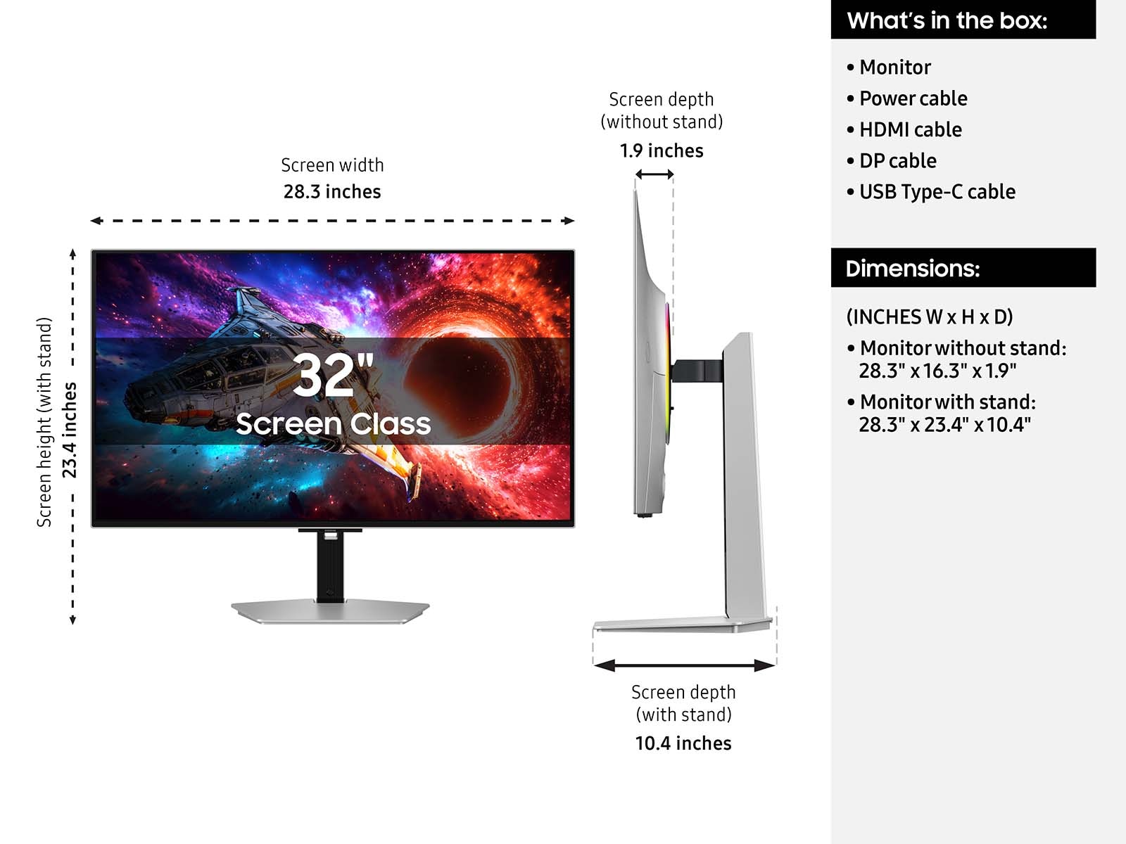 A diagram of the official dimensions and what is included in the box of the Samsung 32 Inch Odyssey OLED G8 G80SH .