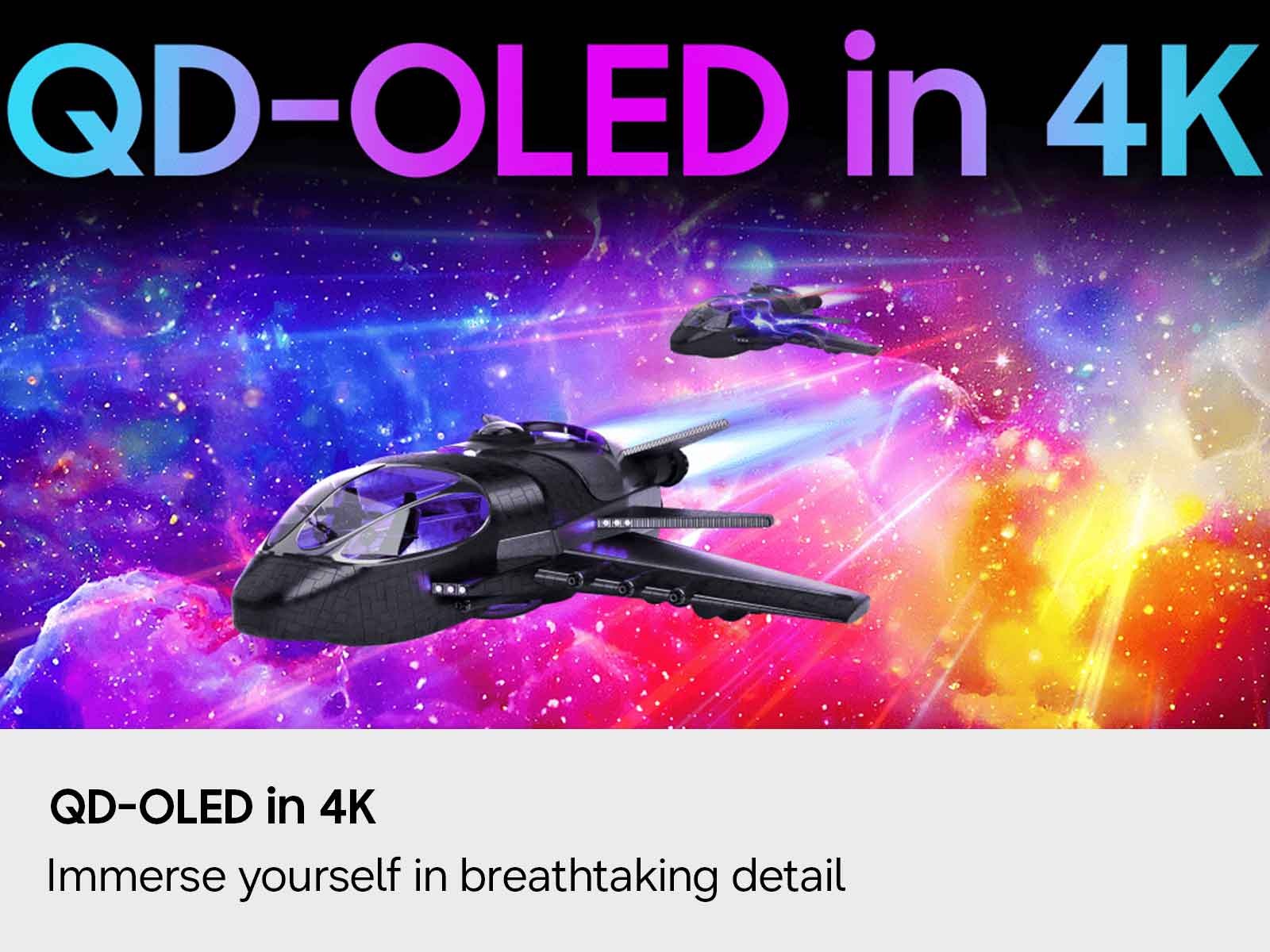 An illustration of a space ship demonstrating the QD-OLED in 4K resolution of the 32 Inch Odyssey OLED G8 G80SH gaming monitor.