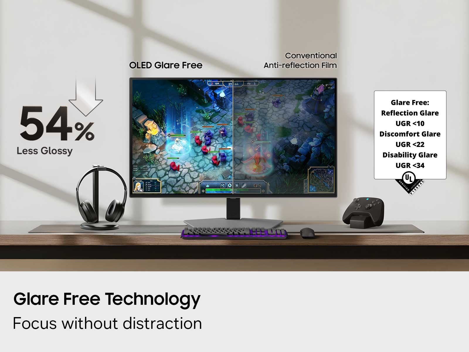 A demonstration of the Glare-Free 32 Inch Odyssey OLED G8 G80SH monitor, showing how it is 54% less glossy than conventional anti-reflection film.