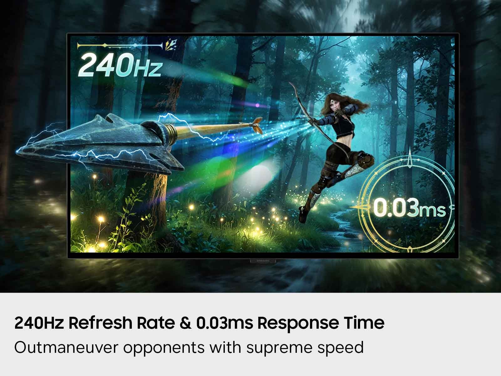 An illustration of a digital video game character firing an arrow to show the ultra-smooth gameplay and clarity of gaming at 240Hz on the 32 Inch Odyssey OLED G8 G80SH.