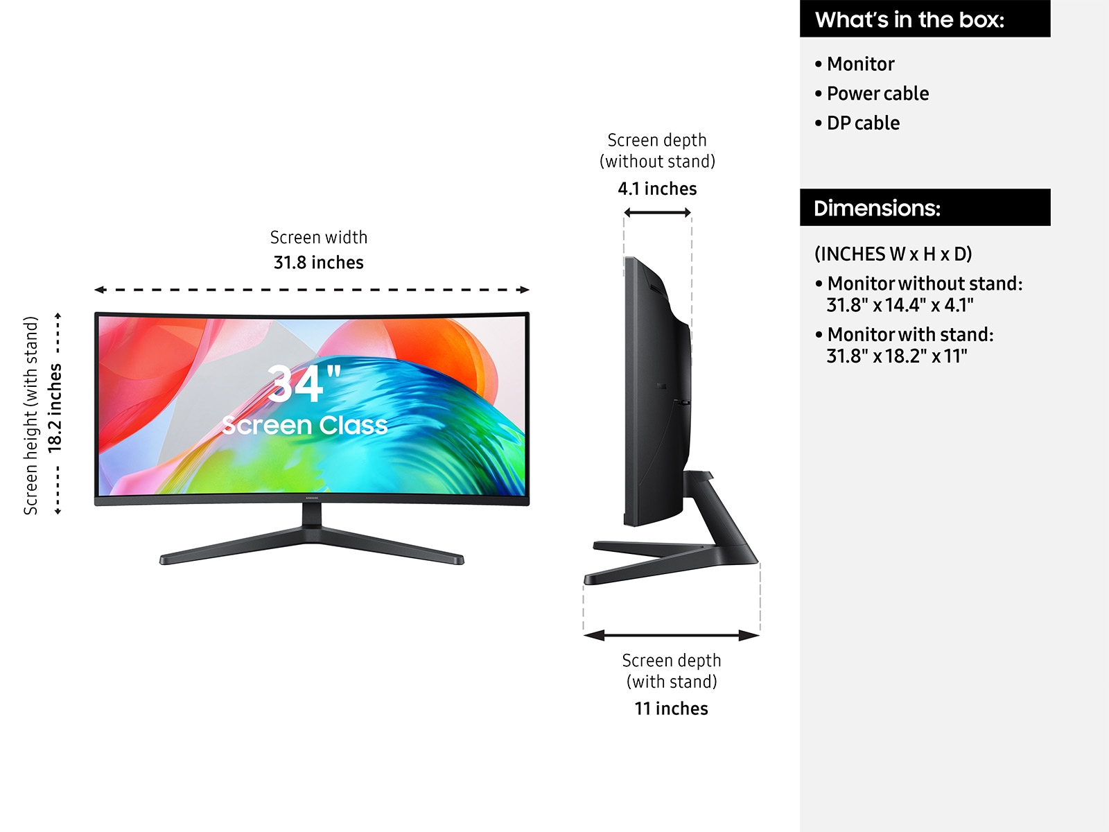 The dimensions and specifications of the ViewFinity S5 S55GH monitor.