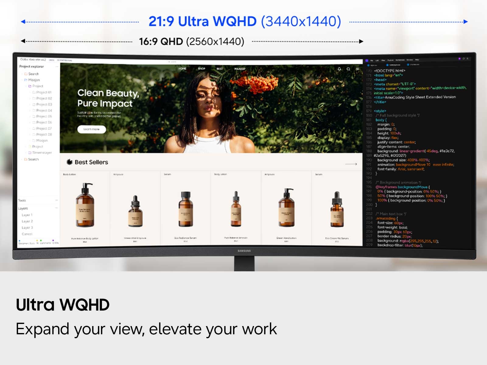 "A close-up view of the ViewFinity S5 S55GH monitor, showing the product’s 34” ultra-wide  curved display."